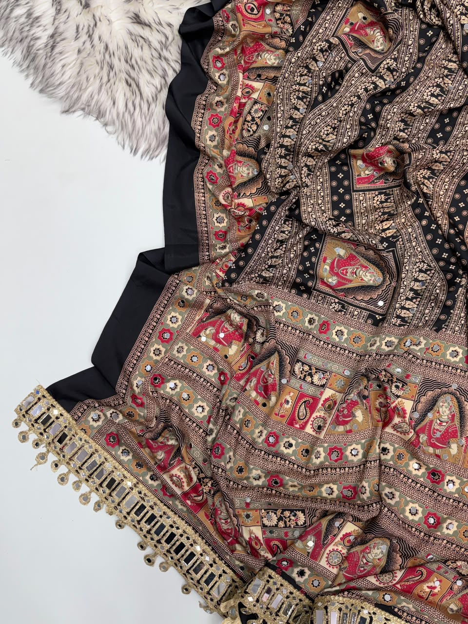 Marvellous Function Wear Pure Satin Silk Ajrak Printed Rich Pallu n Mirror Work Designer Saree With Blouse Piece