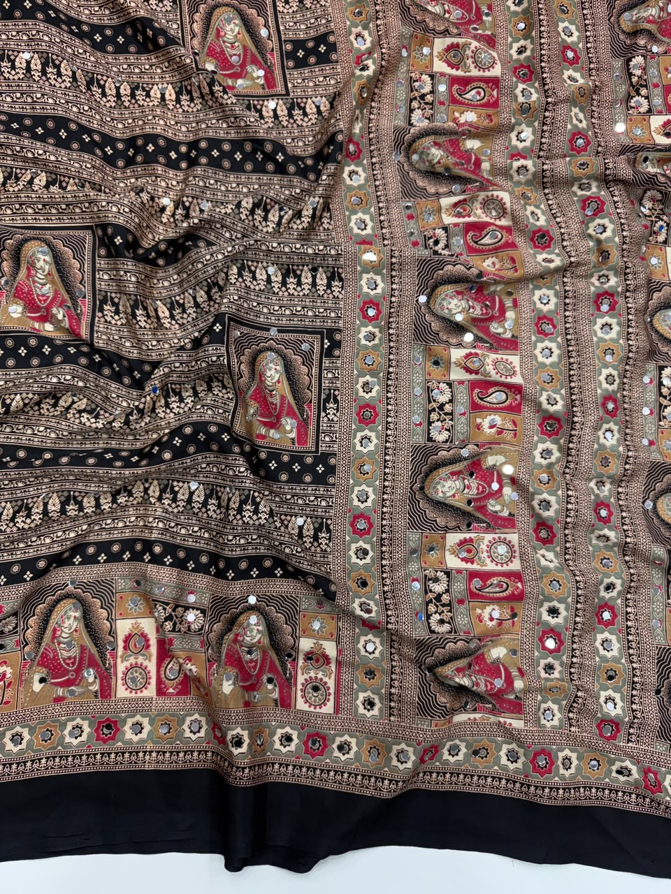 Marvellous Function Wear Pure Satin Silk Ajrak Printed Rich Pallu n Mirror Work Designer Saree With Blouse Piece