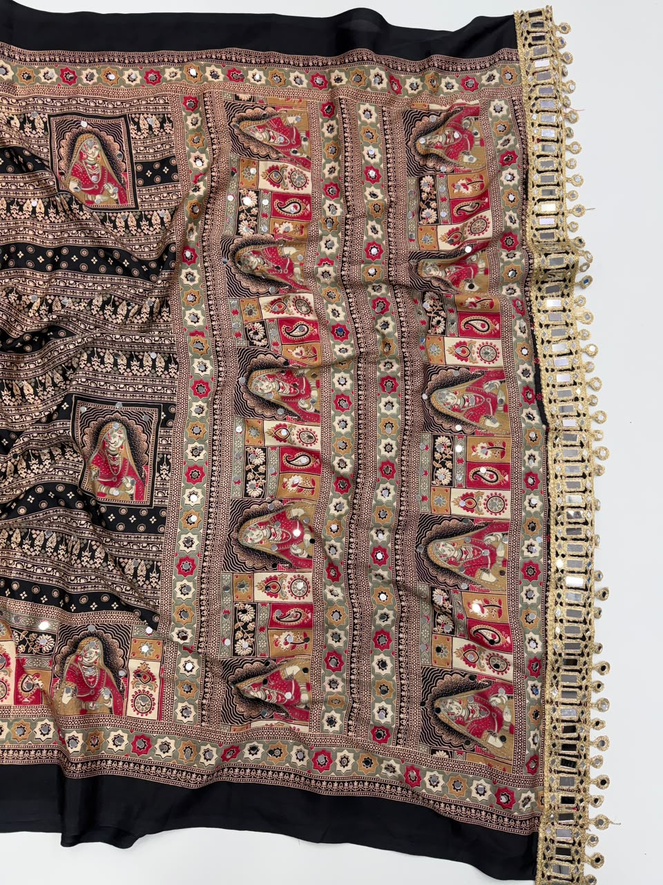 Marvellous Function Wear Pure Satin Silk Ajrak Printed Rich Pallu n Mirror Work Designer Saree With Blouse Piece