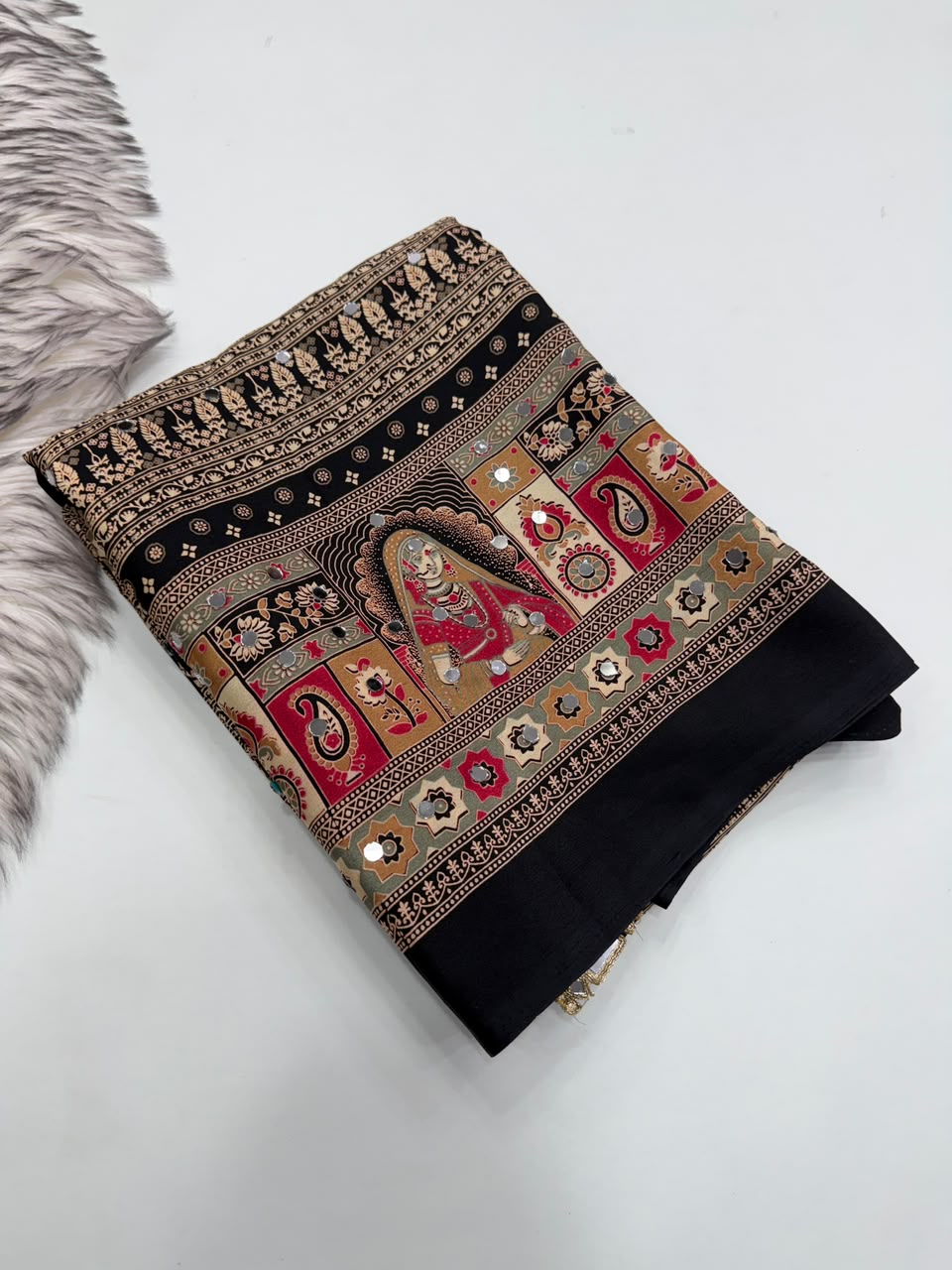 Marvellous Function Wear Pure Satin Silk Ajrak Printed Rich Pallu n Mirror Work Designer Saree With Blouse Piece