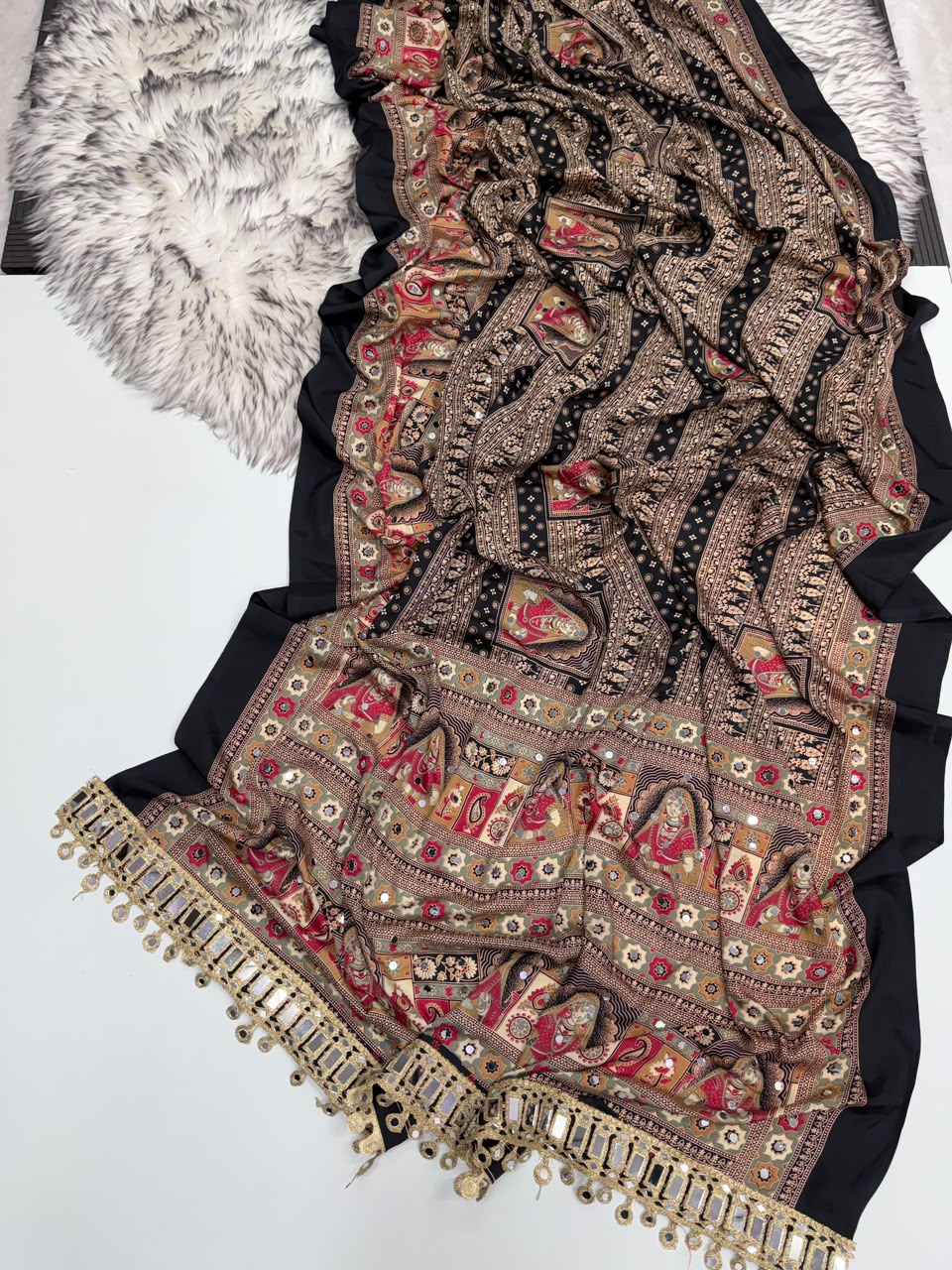 Marvellous Function Wear Pure Satin Silk Ajrak Printed Rich Pallu n Mirror Work Designer Saree With Blouse Piece