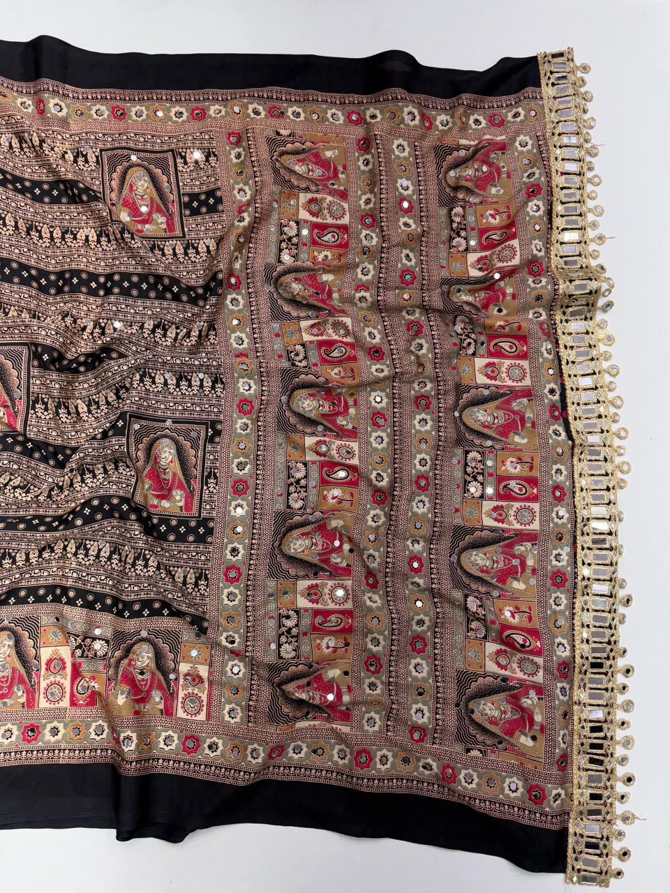 Marvellous Function Wear Pure Satin Silk Ajrak Printed Rich Pallu n Mirror Work Designer Saree With Blouse Piece