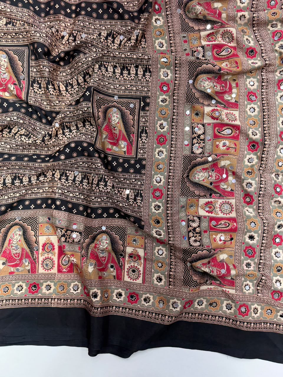 Marvellous Function Wear Pure Satin Silk Ajrak Printed Rich Pallu n Mirror Work Designer Saree With Blouse Piece