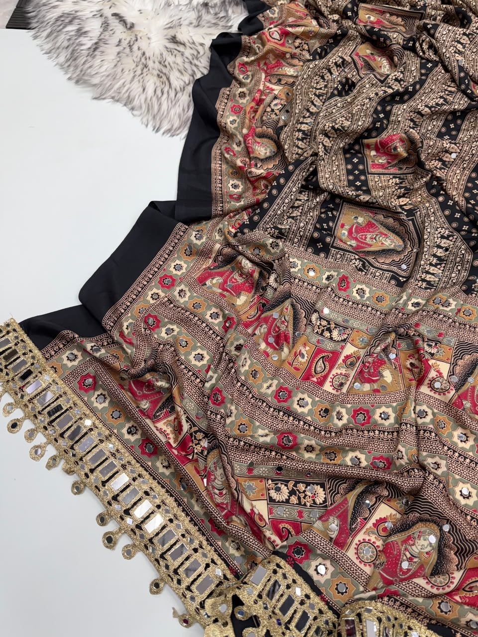 Marvellous Function Wear Pure Satin Silk Ajrak Printed Rich Pallu n Mirror Work Designer Saree With Blouse Piece