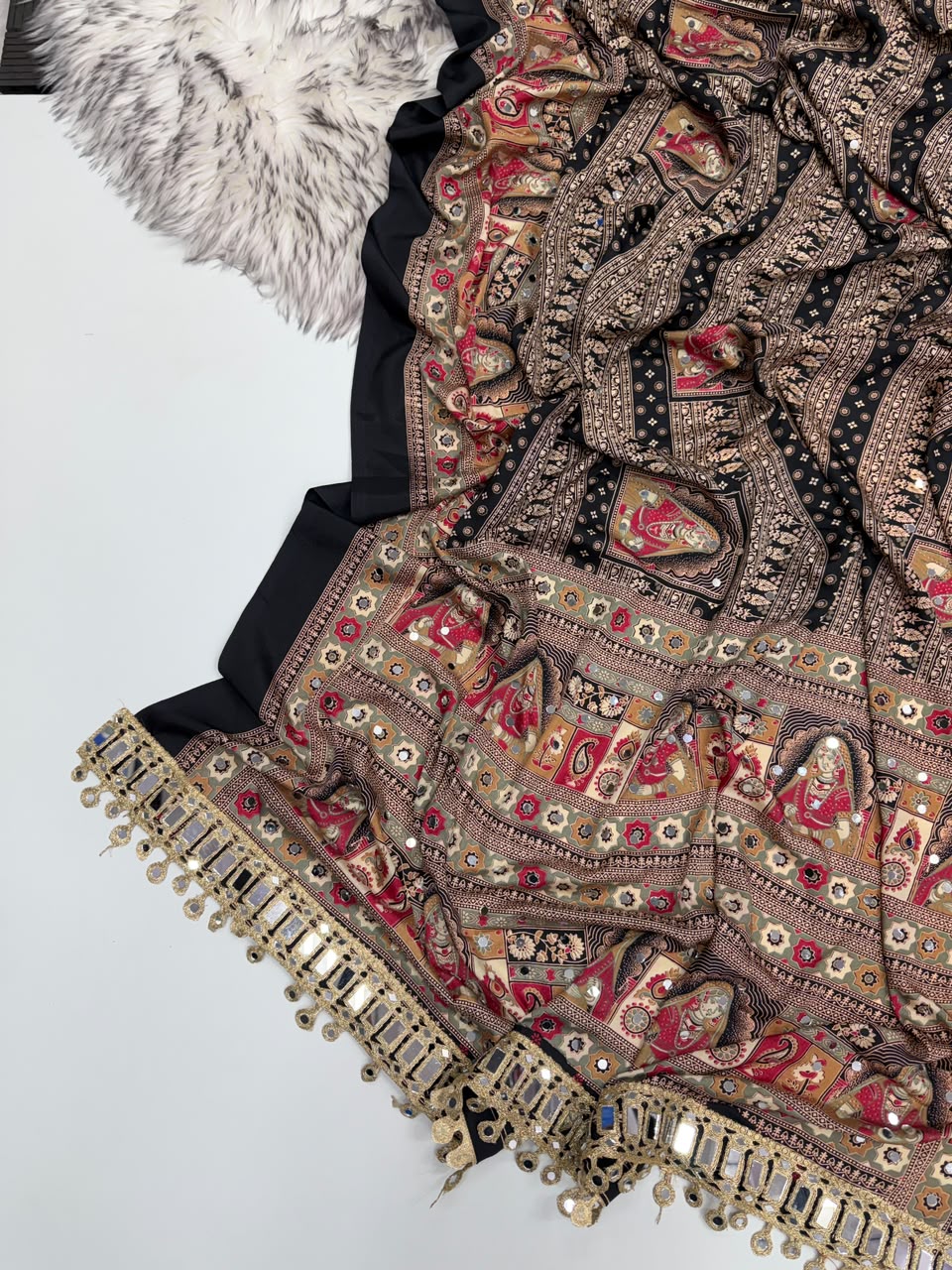 Marvellous Function Wear Pure Satin Silk Ajrak Printed Rich Pallu n Mirror Work Designer Saree With Blouse Piece