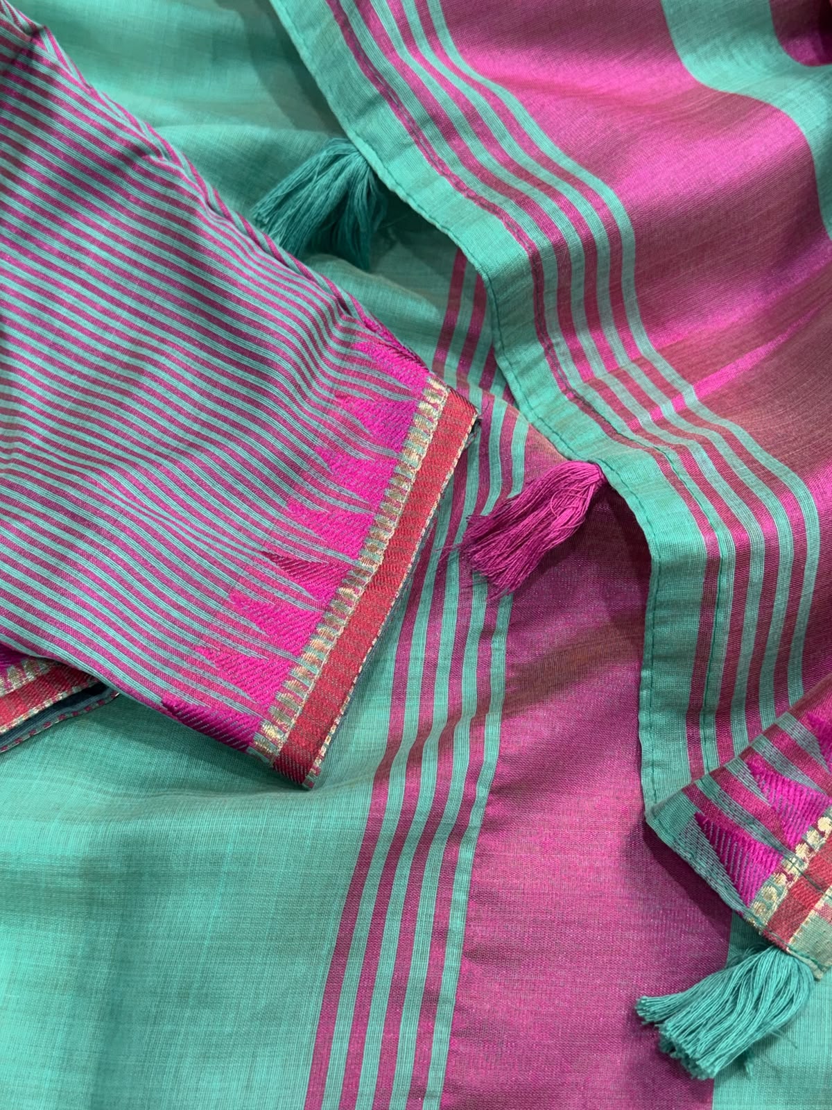 Incredible Festive Wear Cotton Rich Pallu n Jacquard Weaving Border Fancy Saree With Blouse Piece