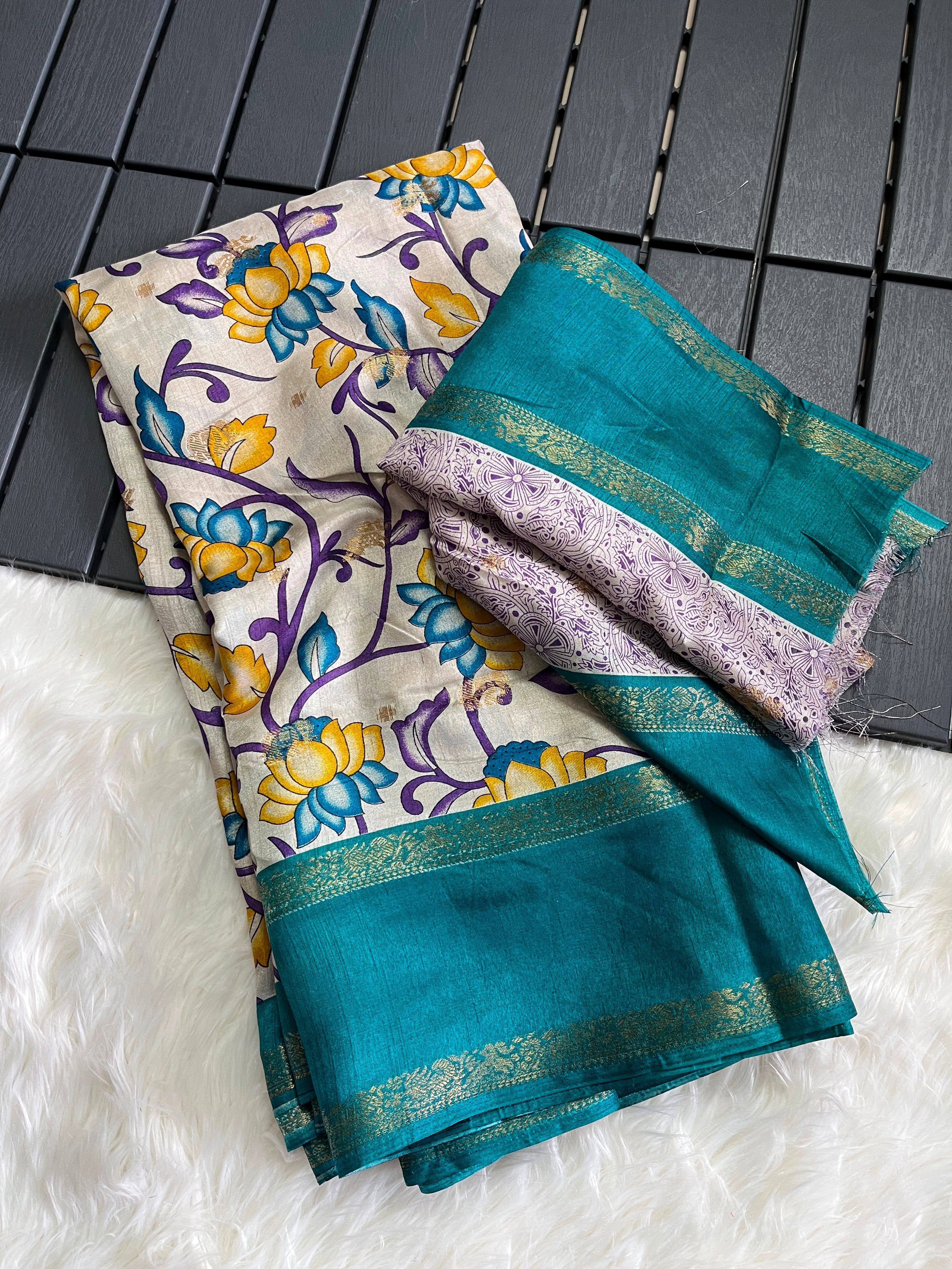 Splendorous Party Wear Pure Soft Silk Kalamkari Print Jacquard Border Fancy Saree With Blissfull Blouse Piece