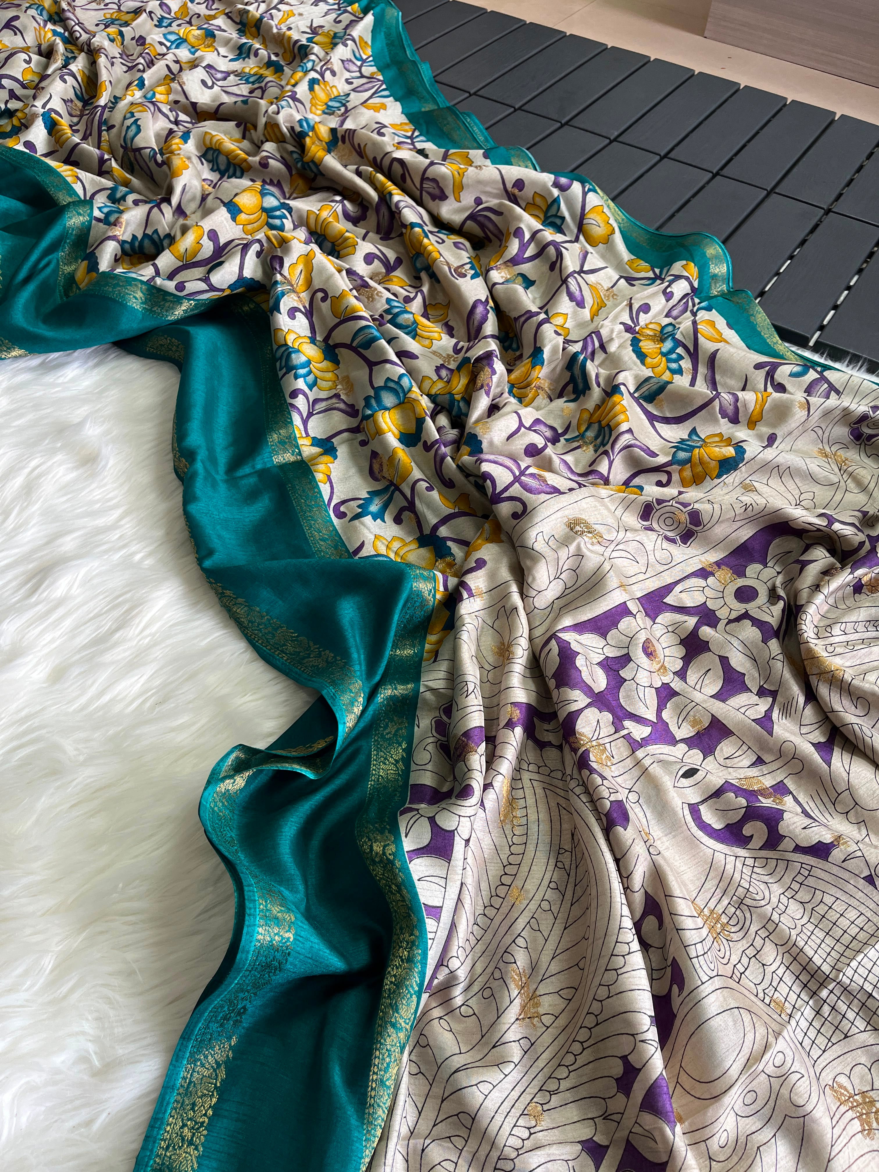 Splendorous Party Wear Pure Soft Silk Kalamkari Print Jacquard Border Fancy Saree With Blissfull Blouse Piece