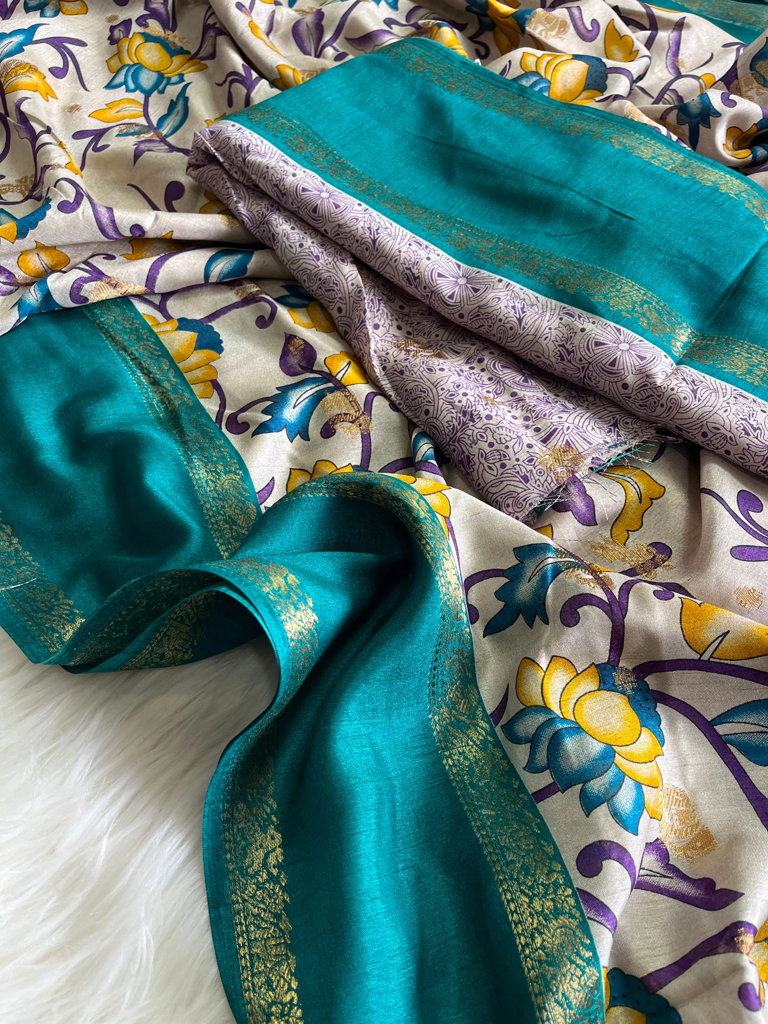 Splendorous Party Wear Pure Soft Silk Kalamkari Print Jacquard Border Fancy Saree With Blissfull Blouse Piece