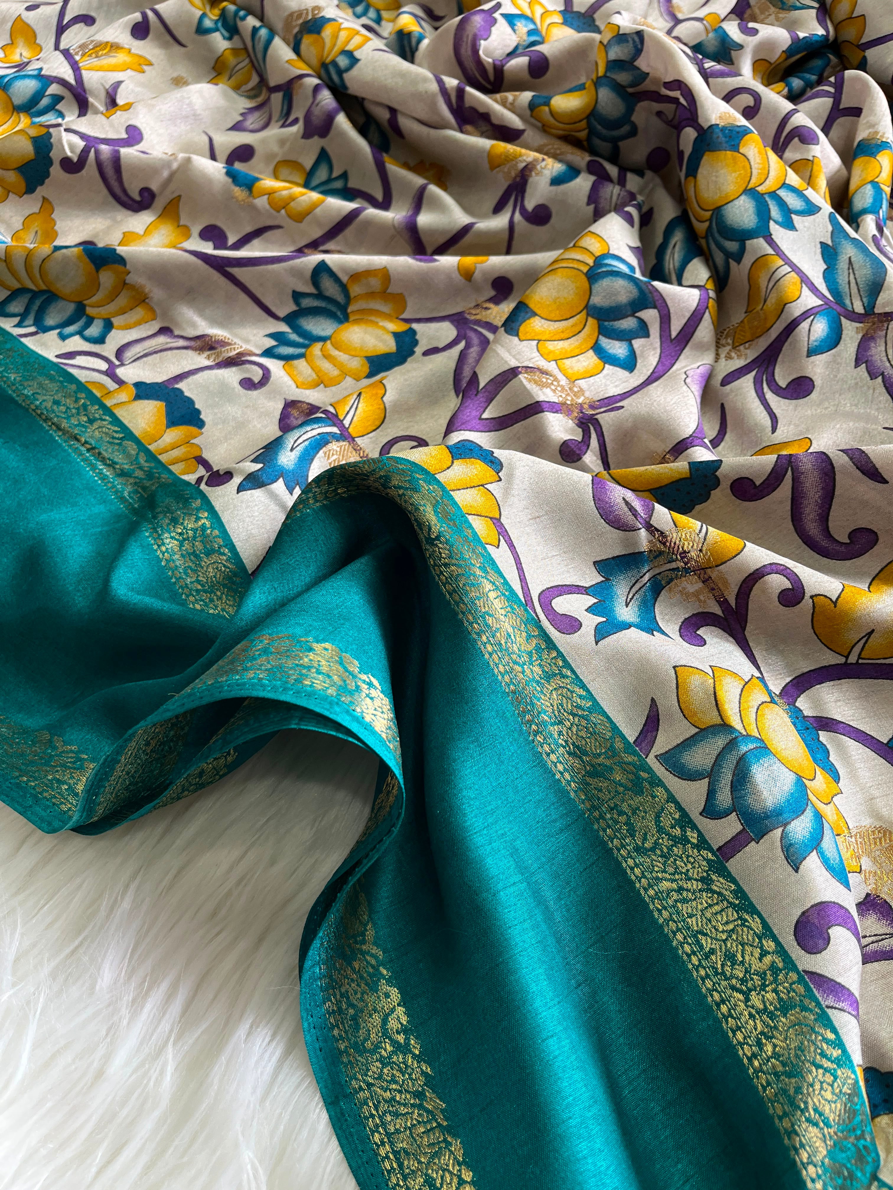Splendorous Party Wear Pure Soft Silk Kalamkari Print Jacquard Border Fancy Saree With Blissfull Blouse Piece