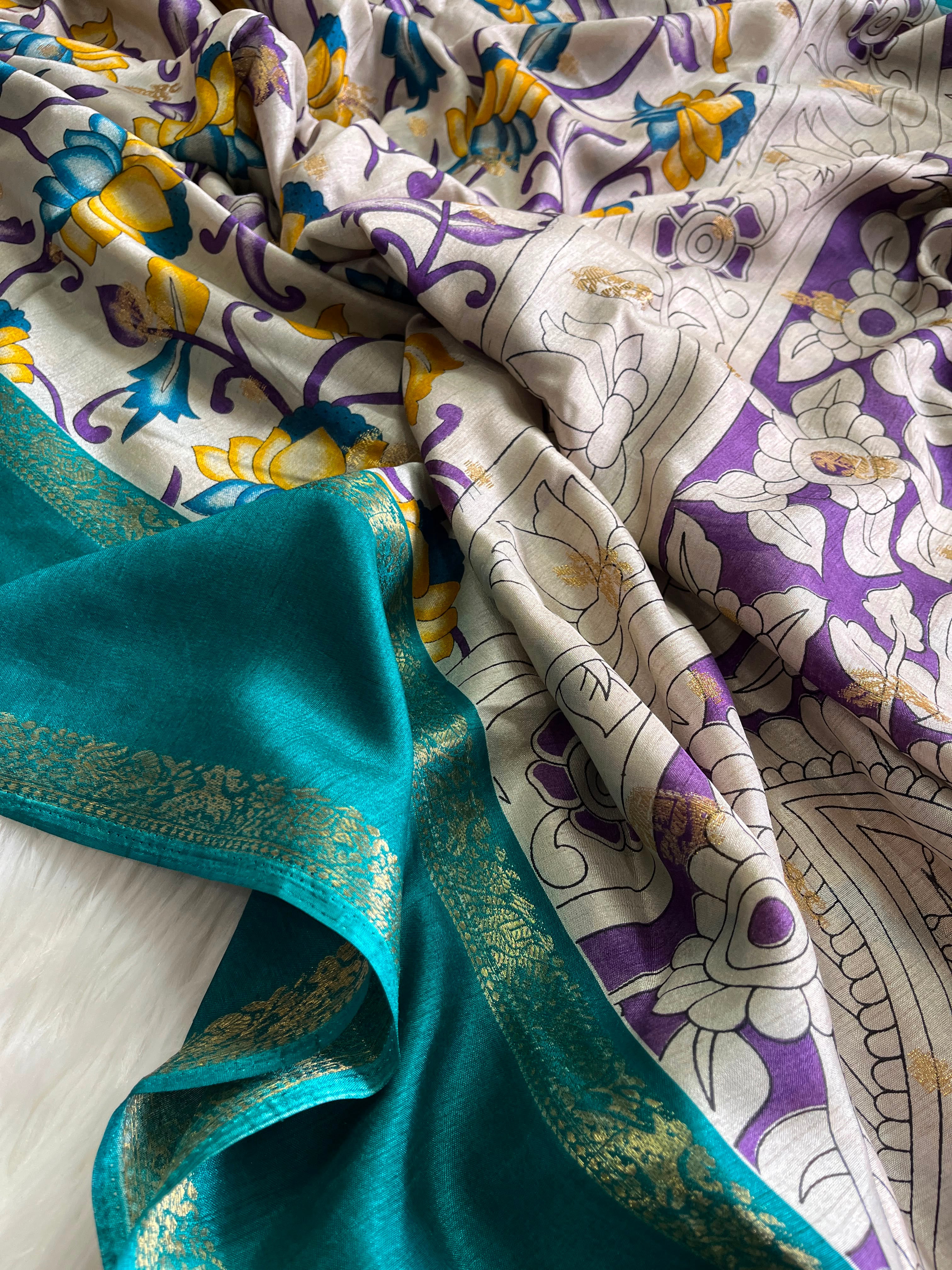 Splendorous Party Wear Pure Soft Silk Kalamkari Print Jacquard Border Fancy Saree With Blissfull Blouse Piece