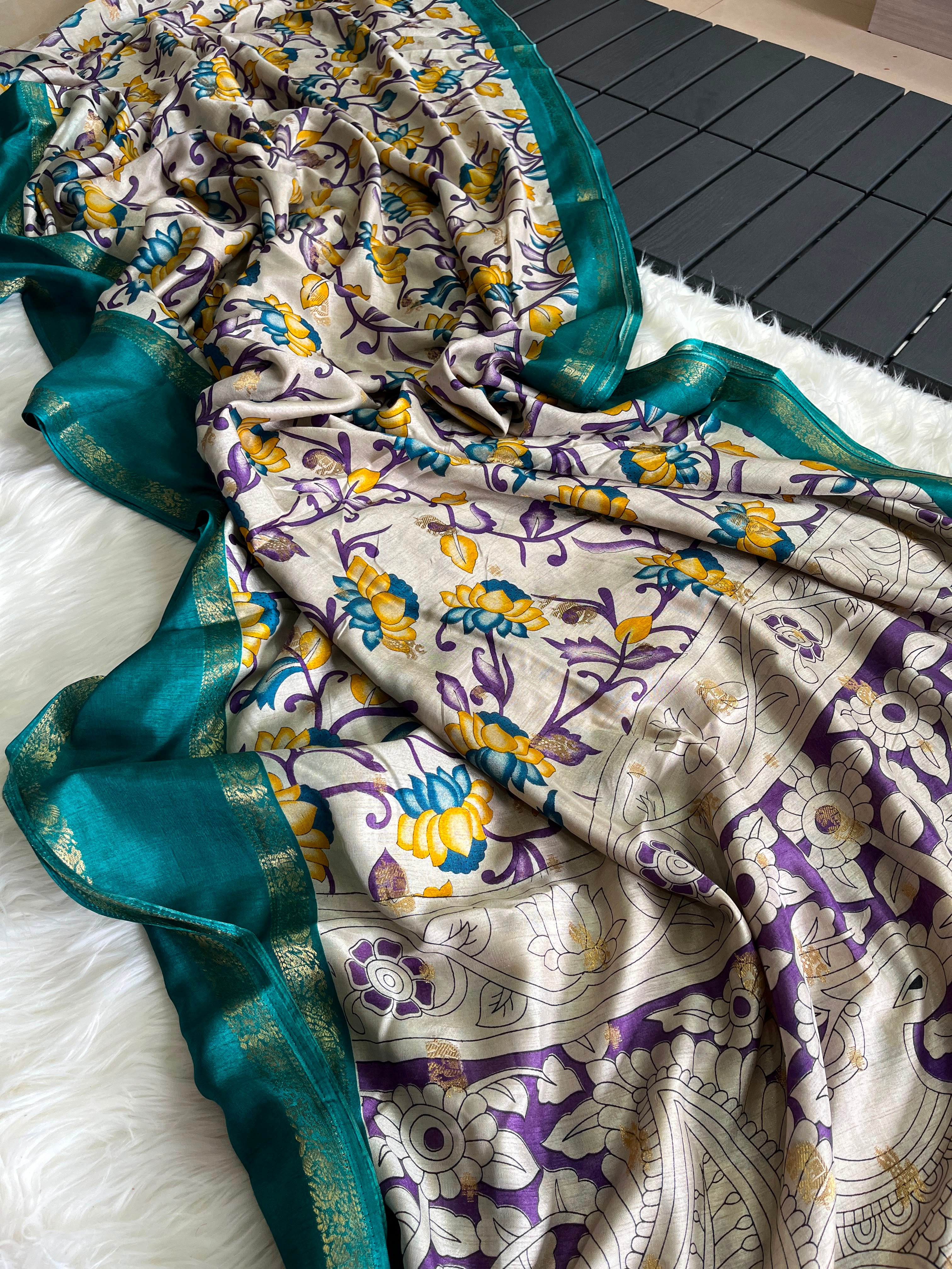 Splendorous Party Wear Pure Soft Silk Kalamkari Print Jacquard Border Fancy Saree With Blissfull Blouse Piece