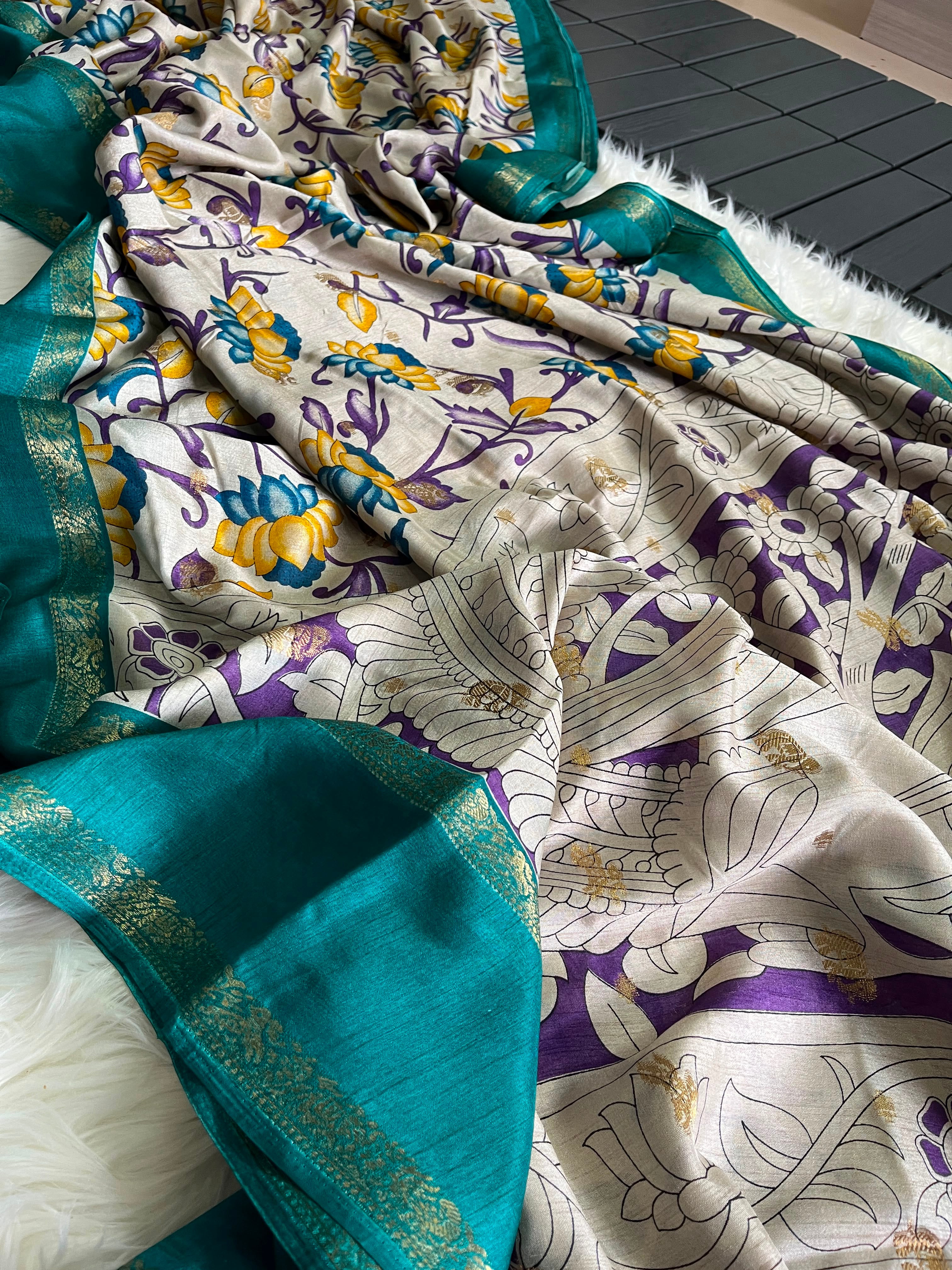 Splendorous Party Wear Pure Soft Silk Kalamkari Print Jacquard Border Fancy Saree With Blissfull Blouse Piece