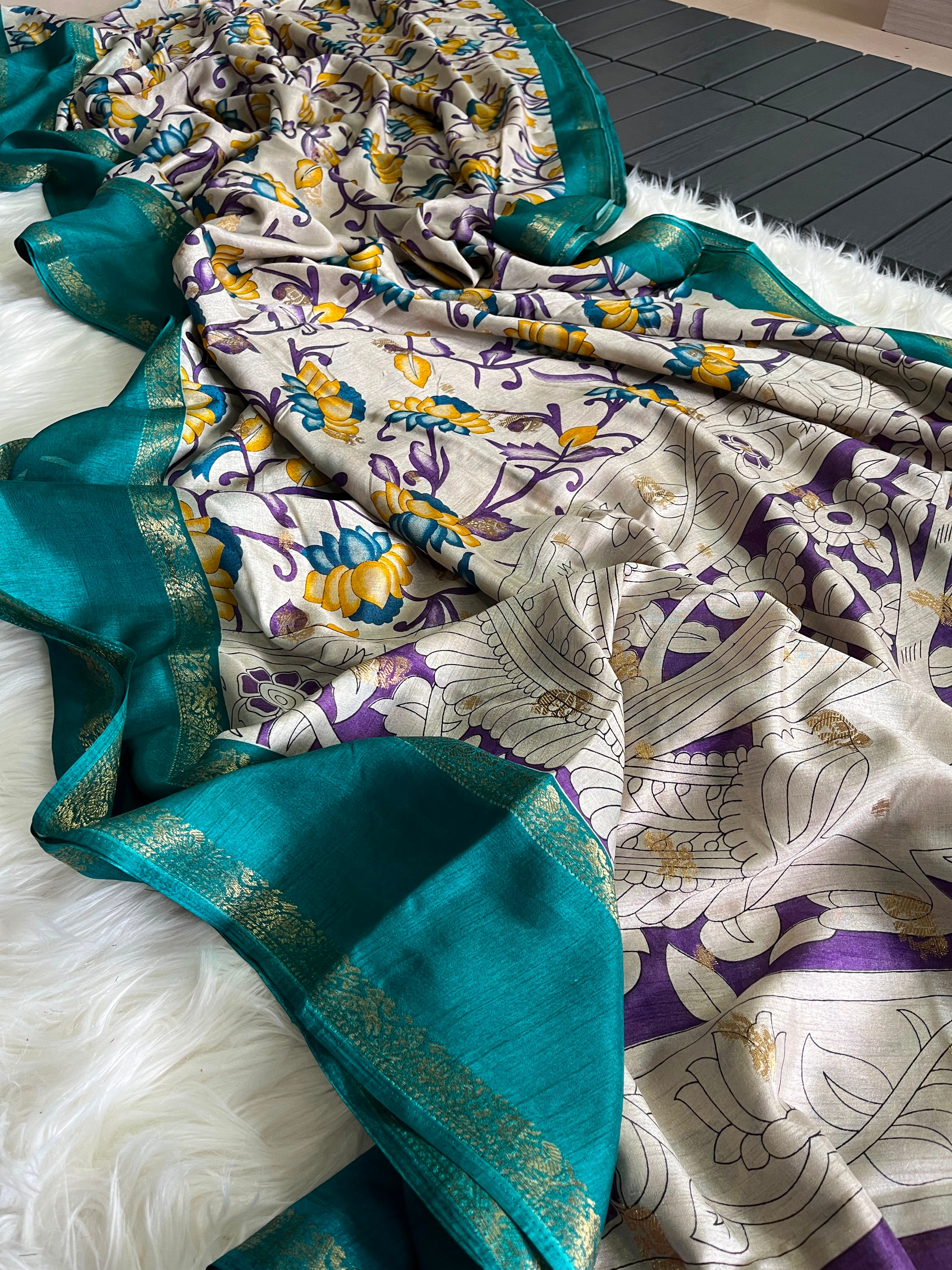 Splendorous Party Wear Pure Soft Silk Kalamkari Print Jacquard Border Fancy Saree With Blissfull Blouse Piece