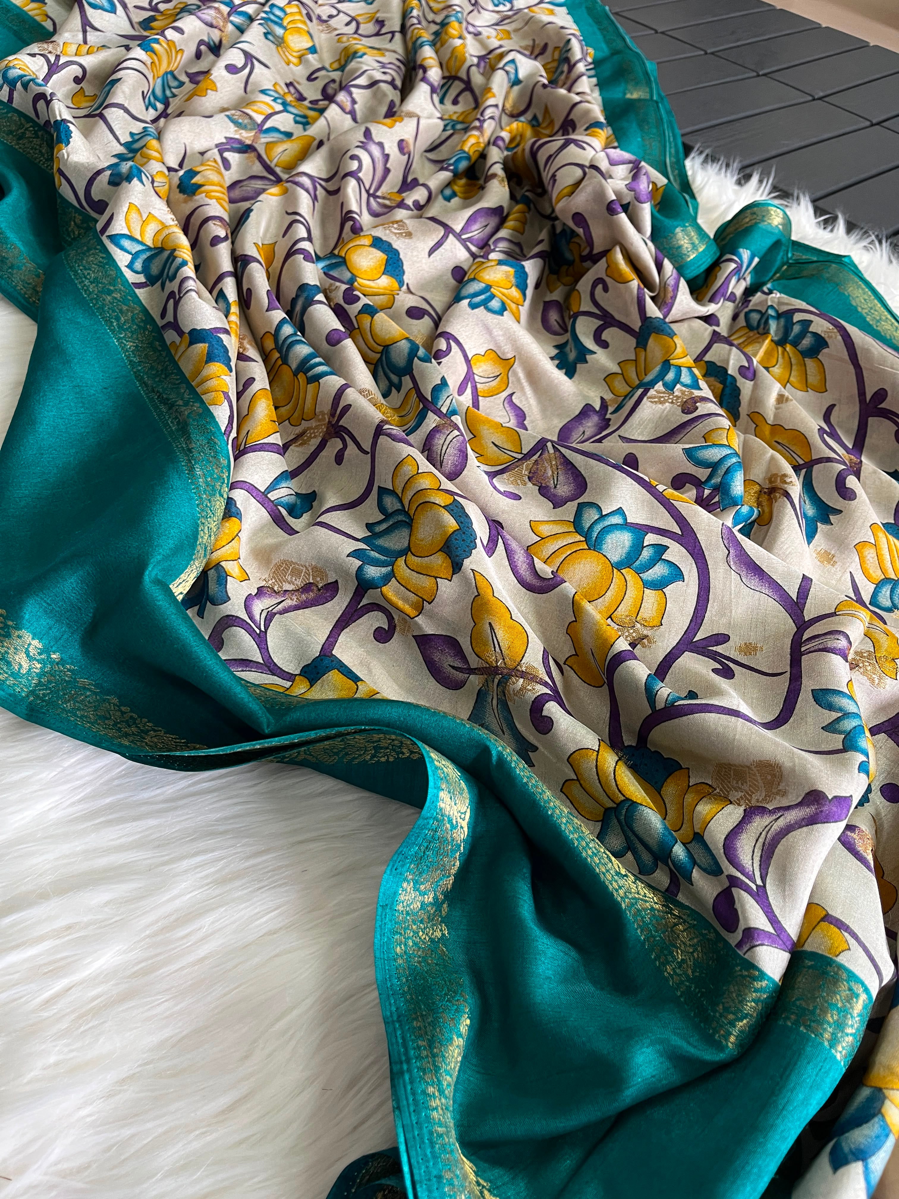 Splendorous Party Wear Pure Soft Silk Kalamkari Print Jacquard Border Fancy Saree With Blissfull Blouse Piece