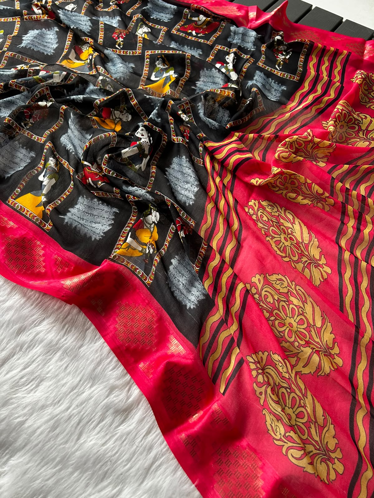 Desiring Function Wear Viscose Silk Kalamkari Print Zari Weaving Border Saree With Blissfull Blouse Piece