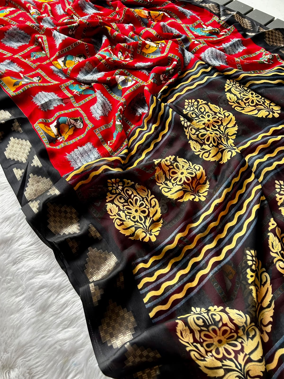 Desiring Function Wear Viscose Silk Kalamkari Print Zari Weaving Border Saree With Blissfull Blouse Piece