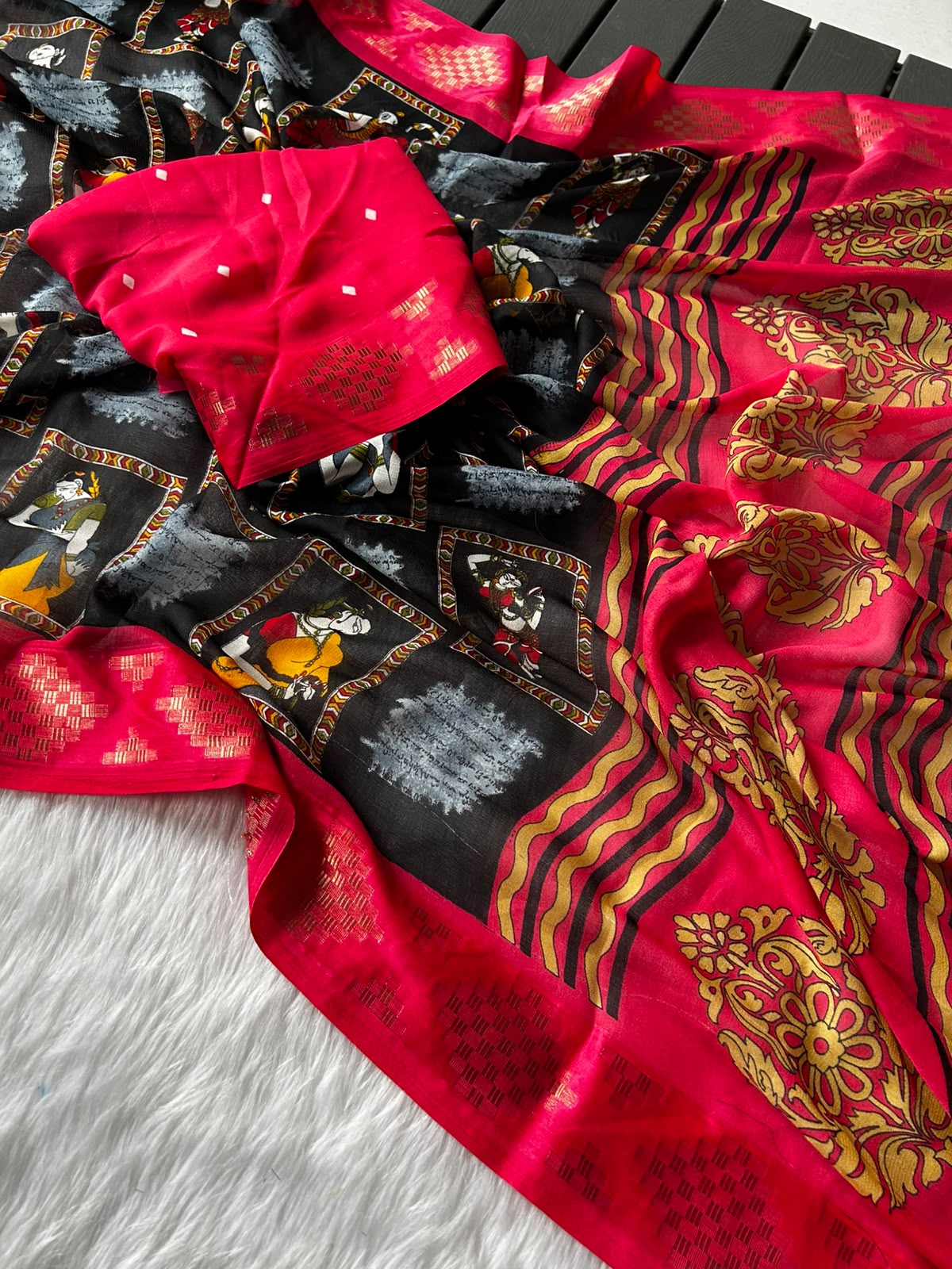 Desiring Function Wear Viscose Silk Kalamkari Print Zari Weaving Border Saree With Blissfull Blouse Piece
