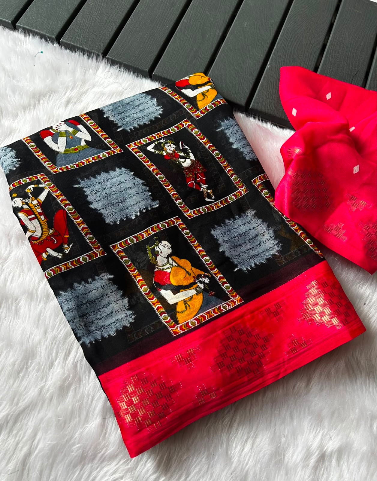 Desiring Function Wear Viscose Silk Kalamkari Print Zari Weaving Border Saree With Blissfull Blouse Piece
