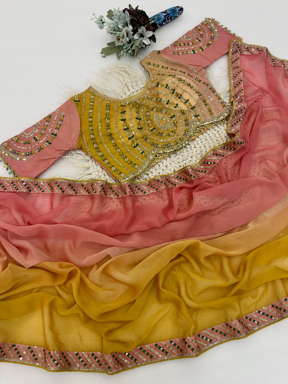 Excellent Party Wear Chiffon Silk Embroidery n Sequence Work Designer Saree With Stitched Blouse