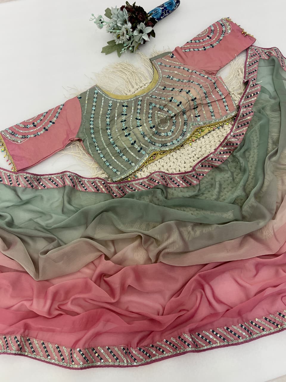 Excellent Party Wear Chiffon Silk Embroidery n Sequence Work Designer Saree With Stitched Blouse