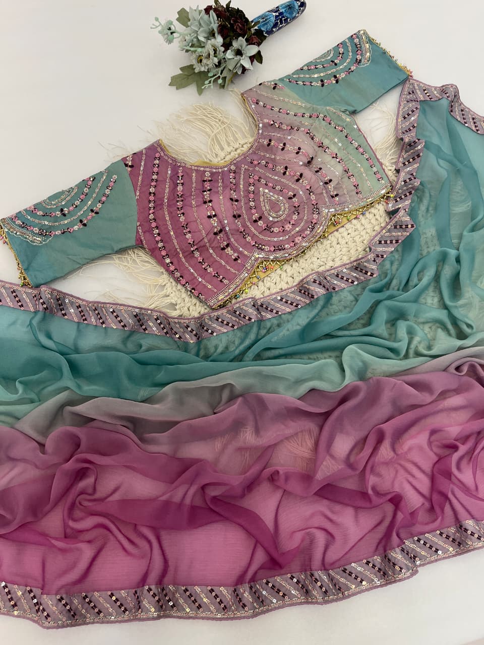 Excellent Party Wear Chiffon Silk Embroidery n Sequence Work Designer Saree With Stitched Blouse