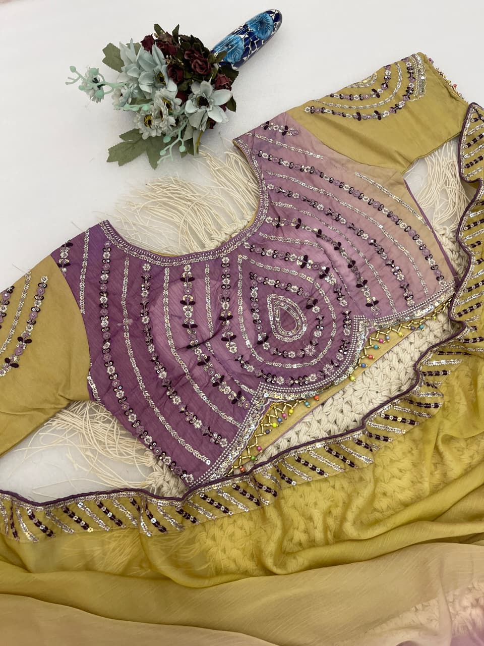 Excellent Party Wear Chiffon Silk Embroidery n Sequence Work Designer Saree With Stitched Blouse