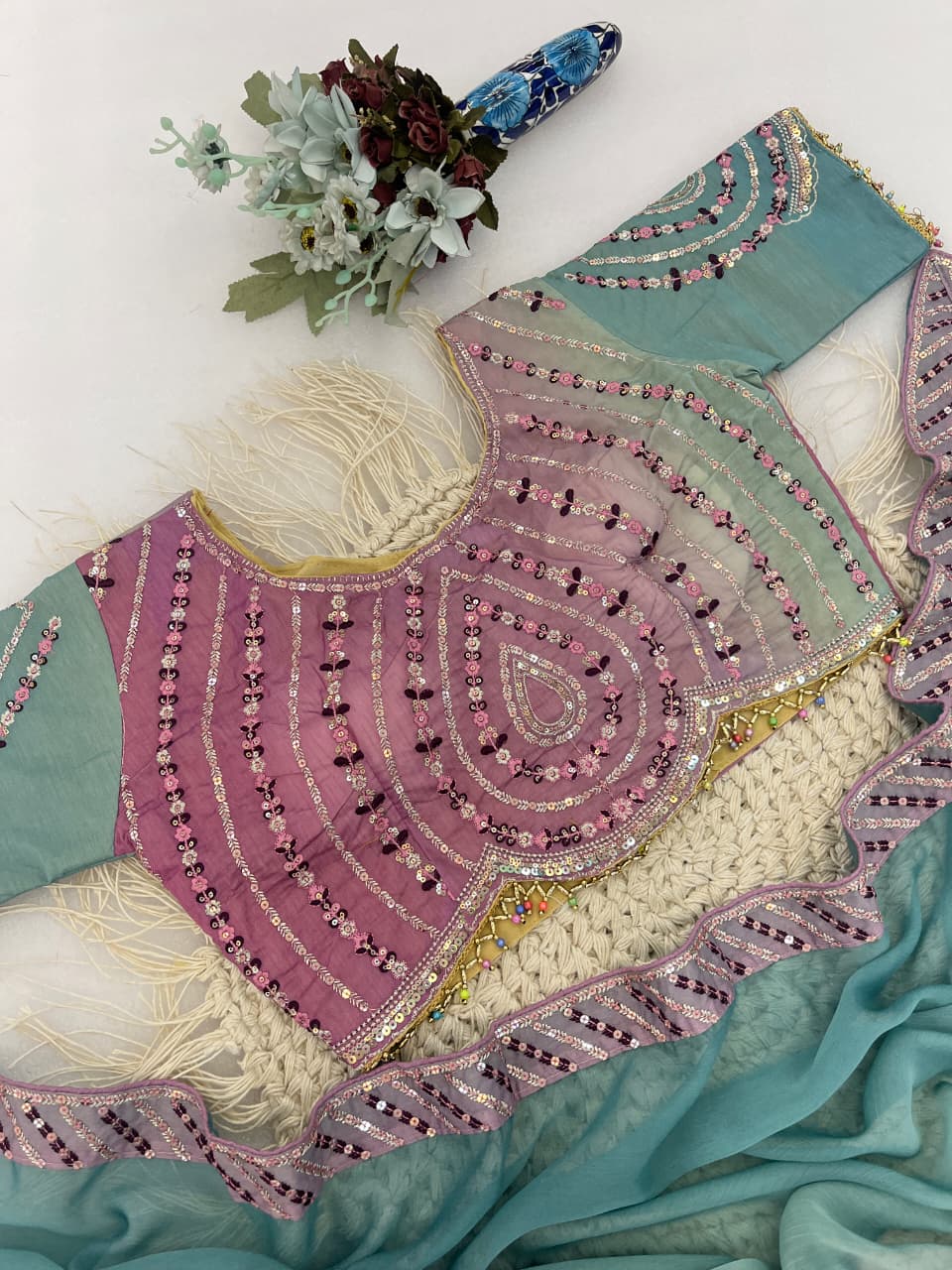 Excellent Party Wear Chiffon Silk Embroidery n Sequence Work Designer Saree With Stitched Blouse