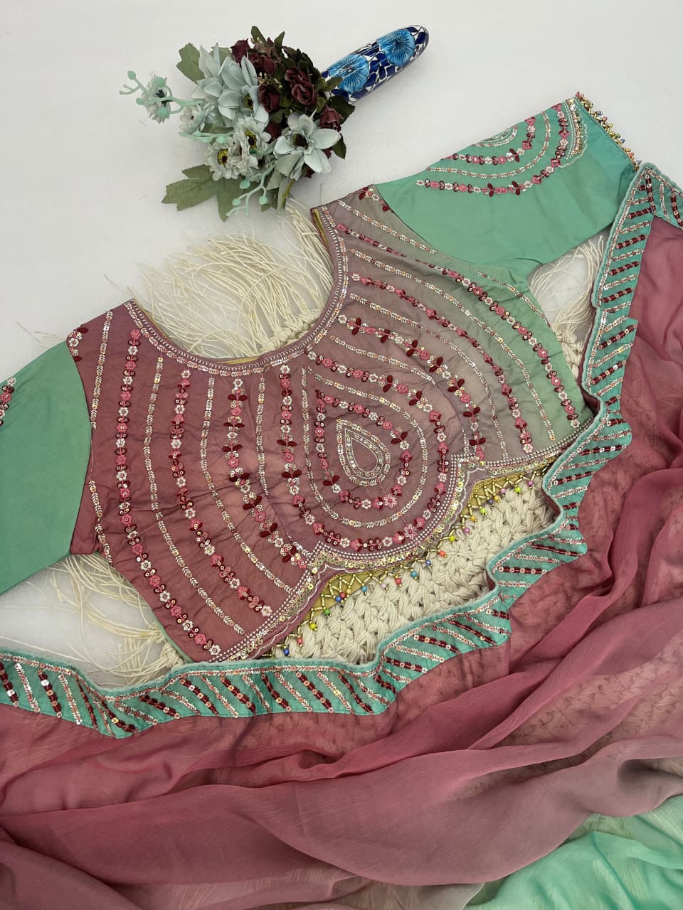 Excellent Party Wear Chiffon Silk Embroidery n Sequence Work Designer Saree With Stitched Blouse