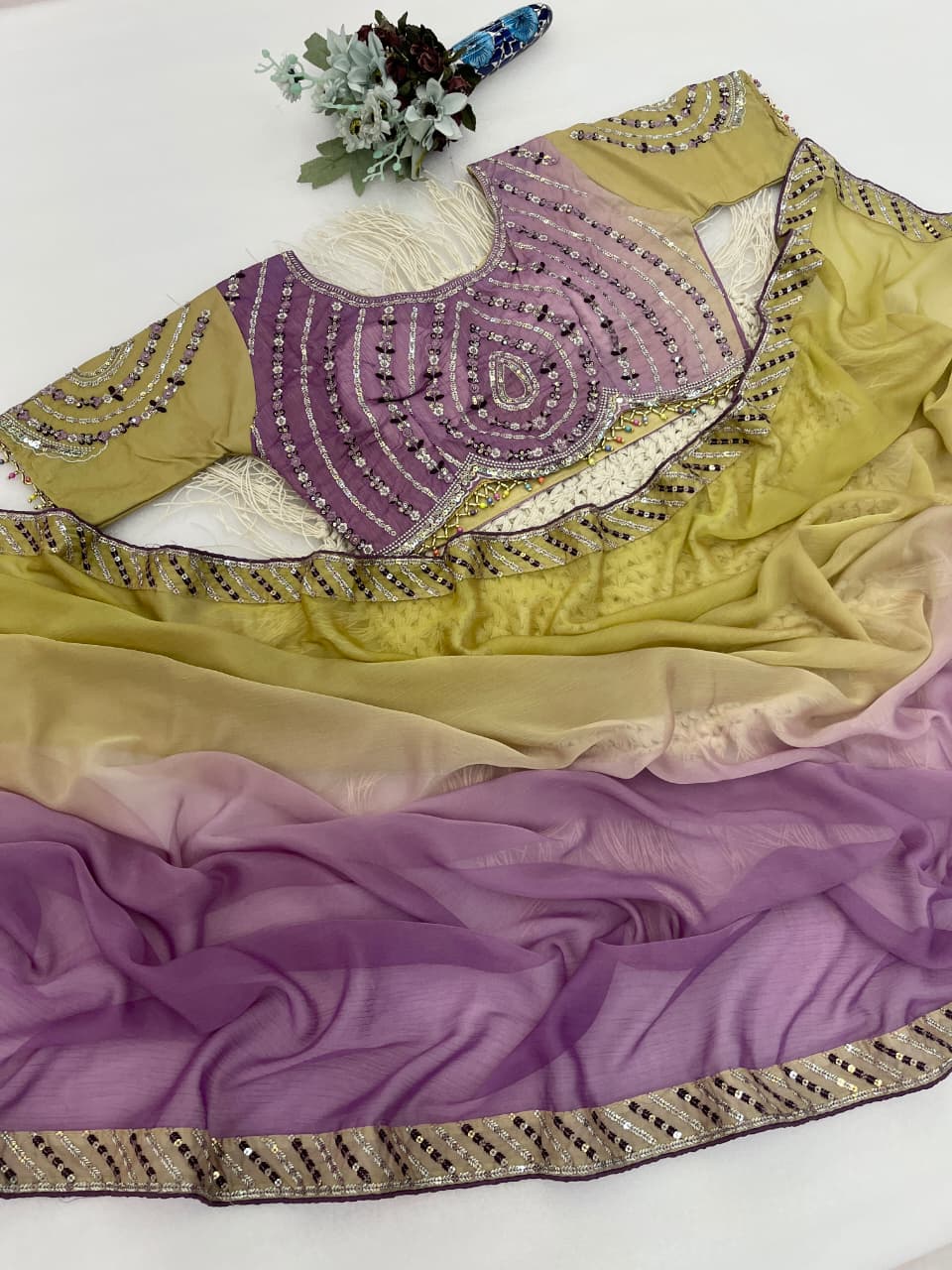 Excellent Party Wear Chiffon Silk Embroidery n Sequence Work Designer Saree With Stitched Blouse