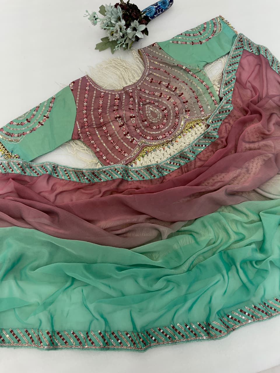 Excellent Party Wear Chiffon Silk Embroidery n Sequence Work Designer Saree With Stitched Blouse