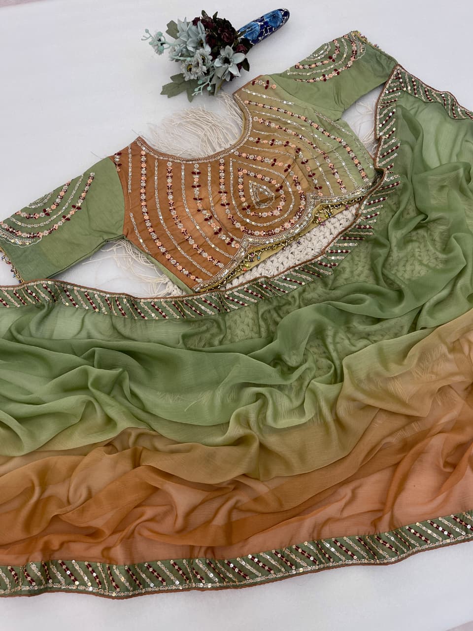 Excellent Party Wear Chiffon Silk Embroidery n Sequence Work Designer Saree With Stitched Blouse