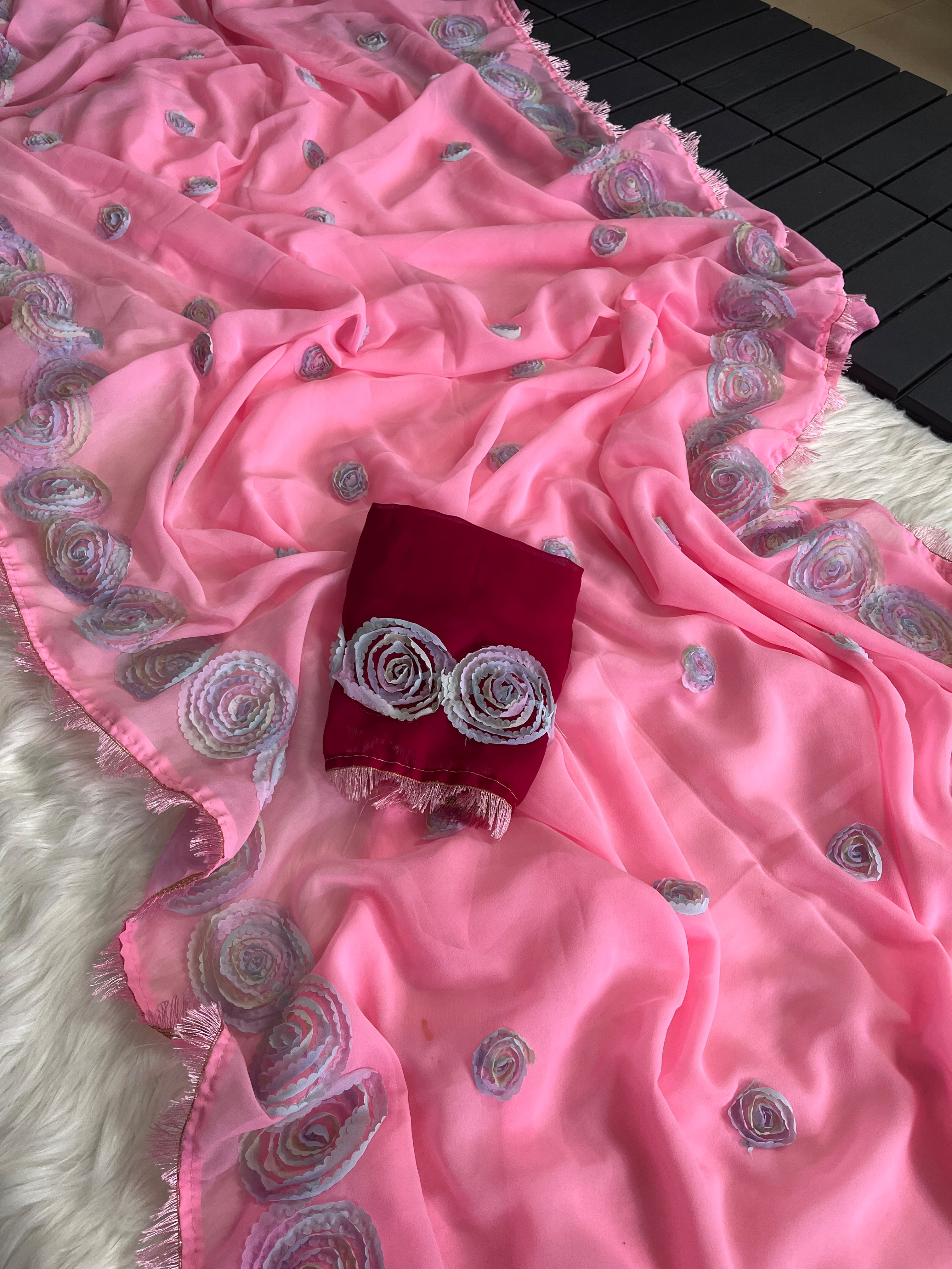 Charming Party Wear Georgette Embroidery Thread Work Fancy Saree With Contrast Blouse Piece
