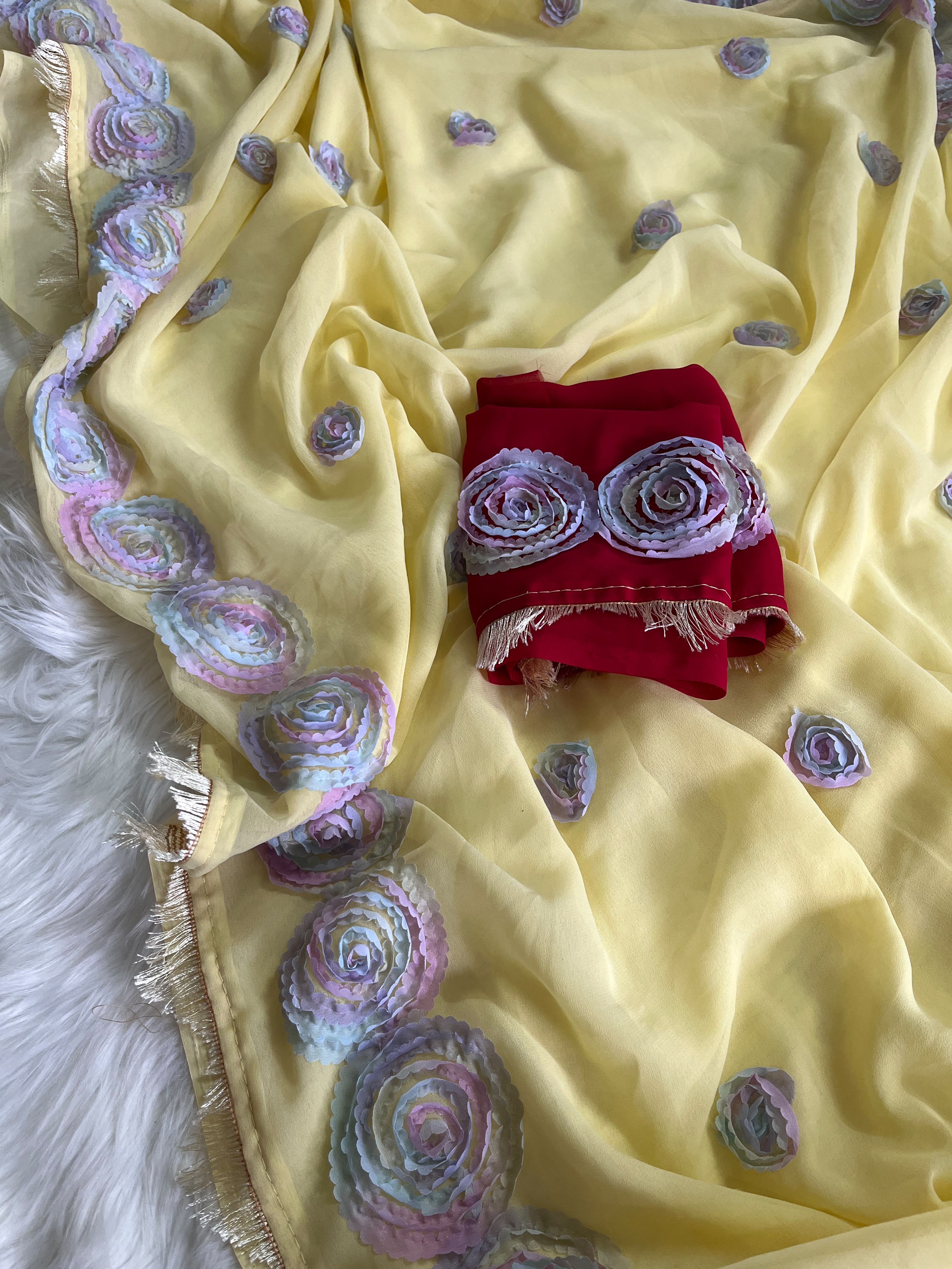 Charming Party Wear Georgette Embroidery Thread Work Fancy Saree With Contrast Blouse Piece