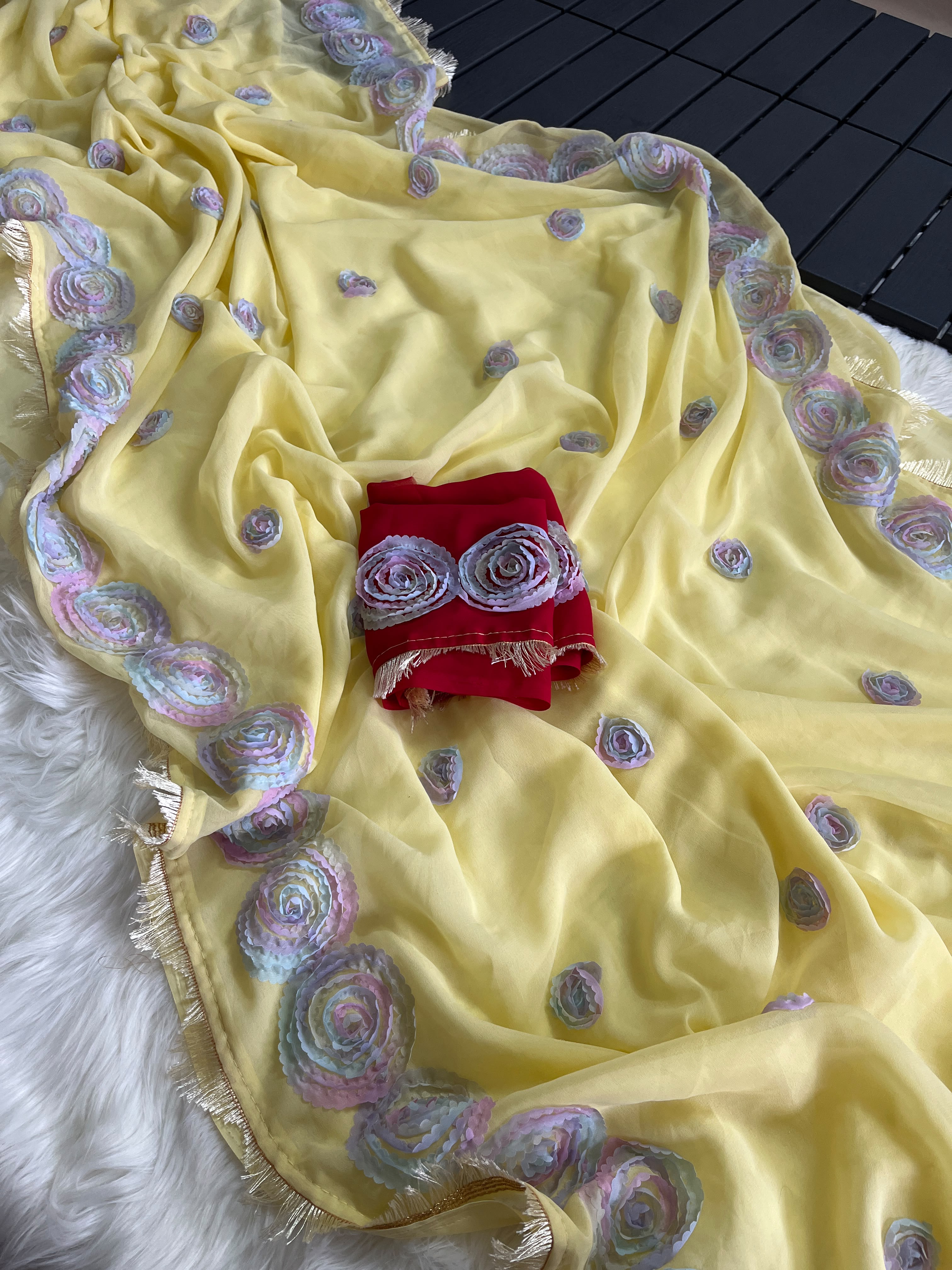 Charming Party Wear Georgette Embroidery Thread Work Fancy Saree With Contrast Blouse Piece