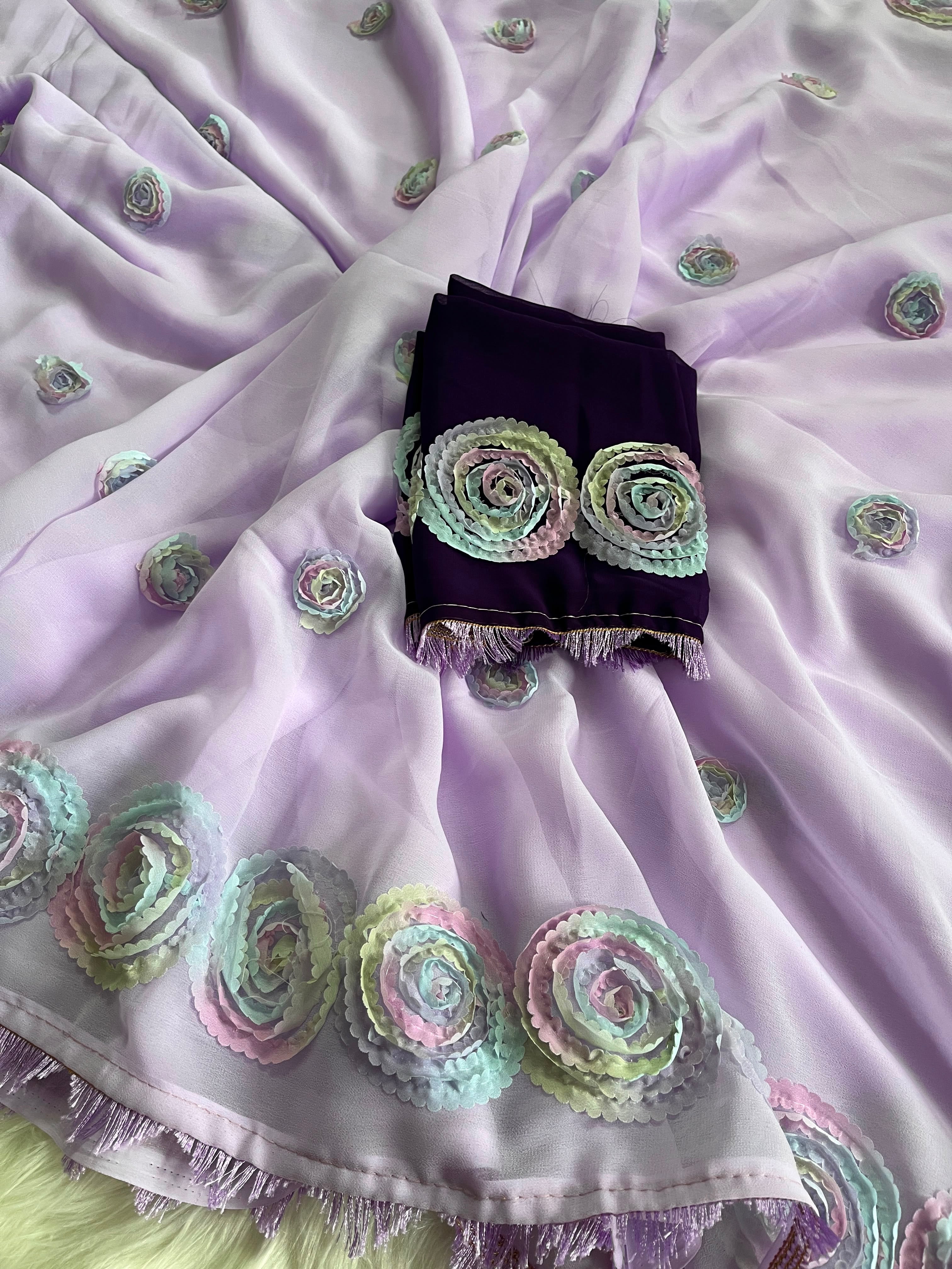 Charming Party Wear Georgette Embroidery Thread Work Fancy Saree With Contrast Blouse Piece