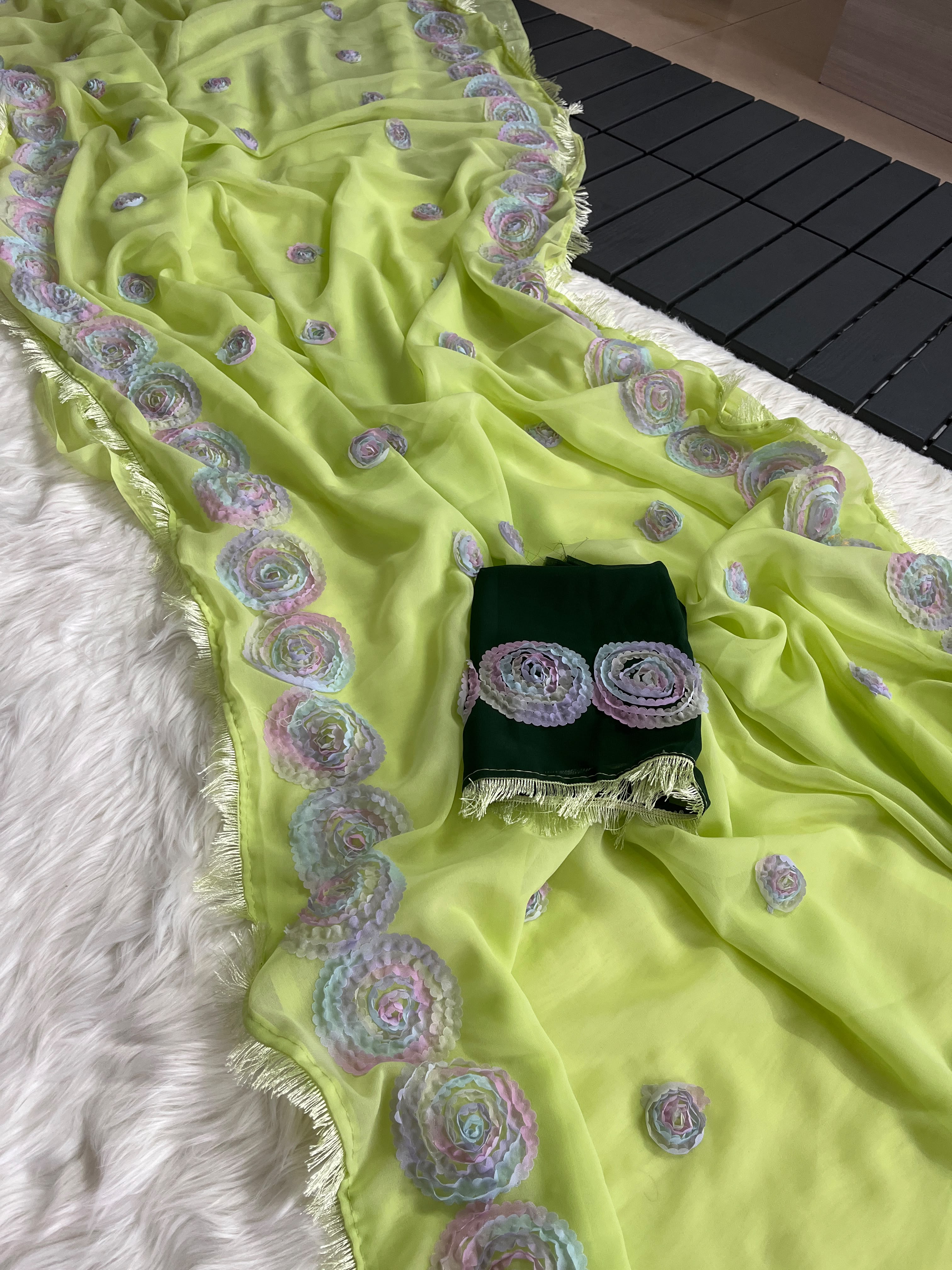 Charming Party Wear Georgette Embroidery Thread Work Fancy Saree With Contrast Blouse Piece