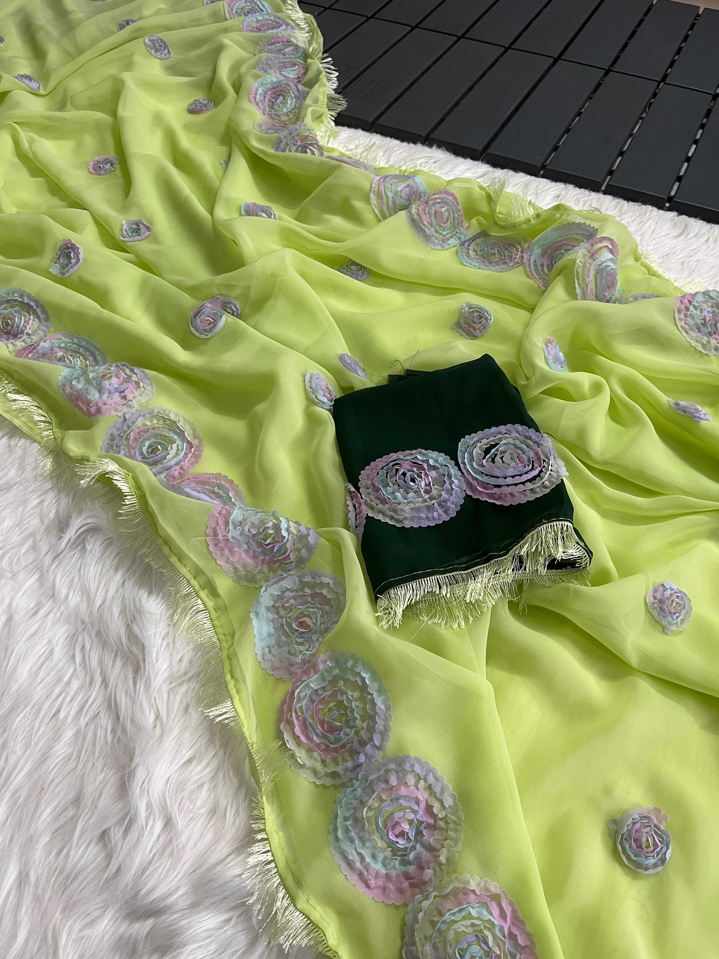Charming Party Wear Georgette Embroidery Thread Work Fancy Saree With Contrast Blouse Piece