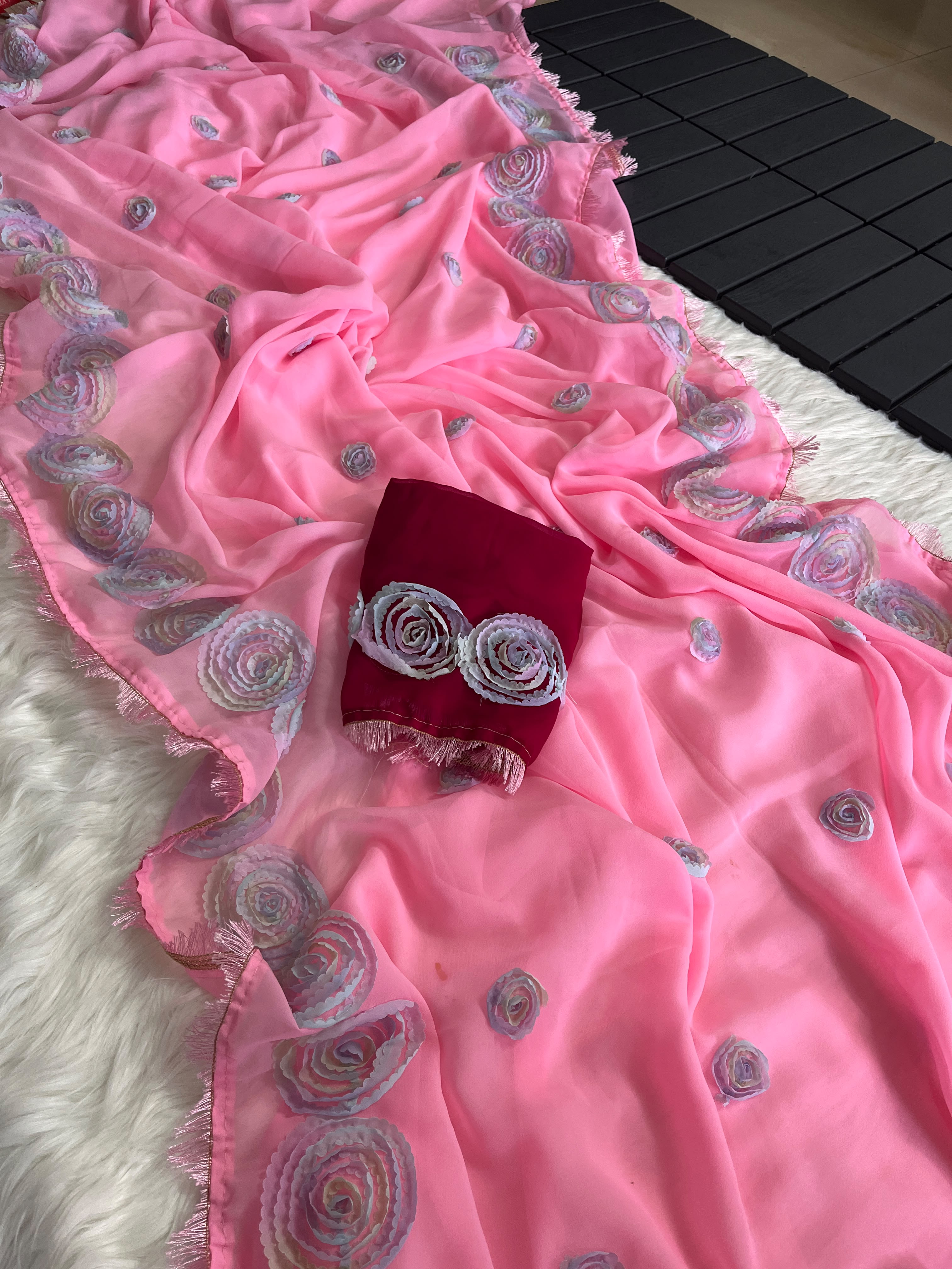 Charming Party Wear Georgette Embroidery Thread Work Fancy Saree With Contrast Blouse Piece