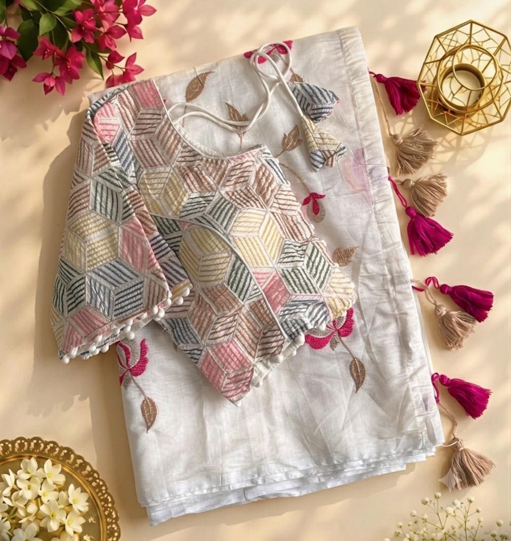 New Chanderi Cotton Heavy Embroidery n Tussels Work Fancy Designer Wedding Wear Saree With Stitched Blouse