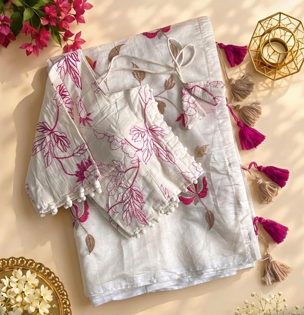 New Chanderi Cotton Heavy Embroidery n Tussels Work Fancy Designer Wedding Wear Saree With Stitched Blouse