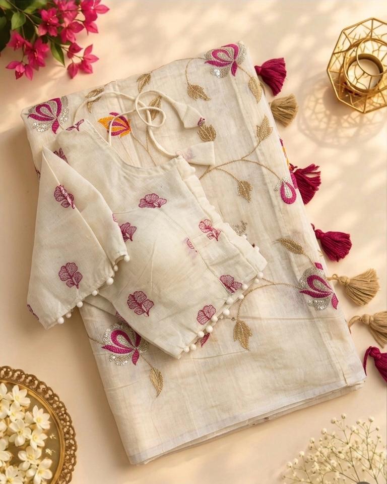 New Chanderi Cotton Heavy Embroidery n Tussels Work Fancy Designer Wedding Wear Saree With Stitched Blouse