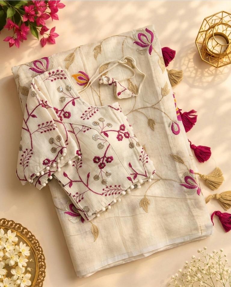 New Chanderi Cotton Heavy Embroidery n Tussels Work Fancy Designer Wedding Wear Saree With Stitched Blouse