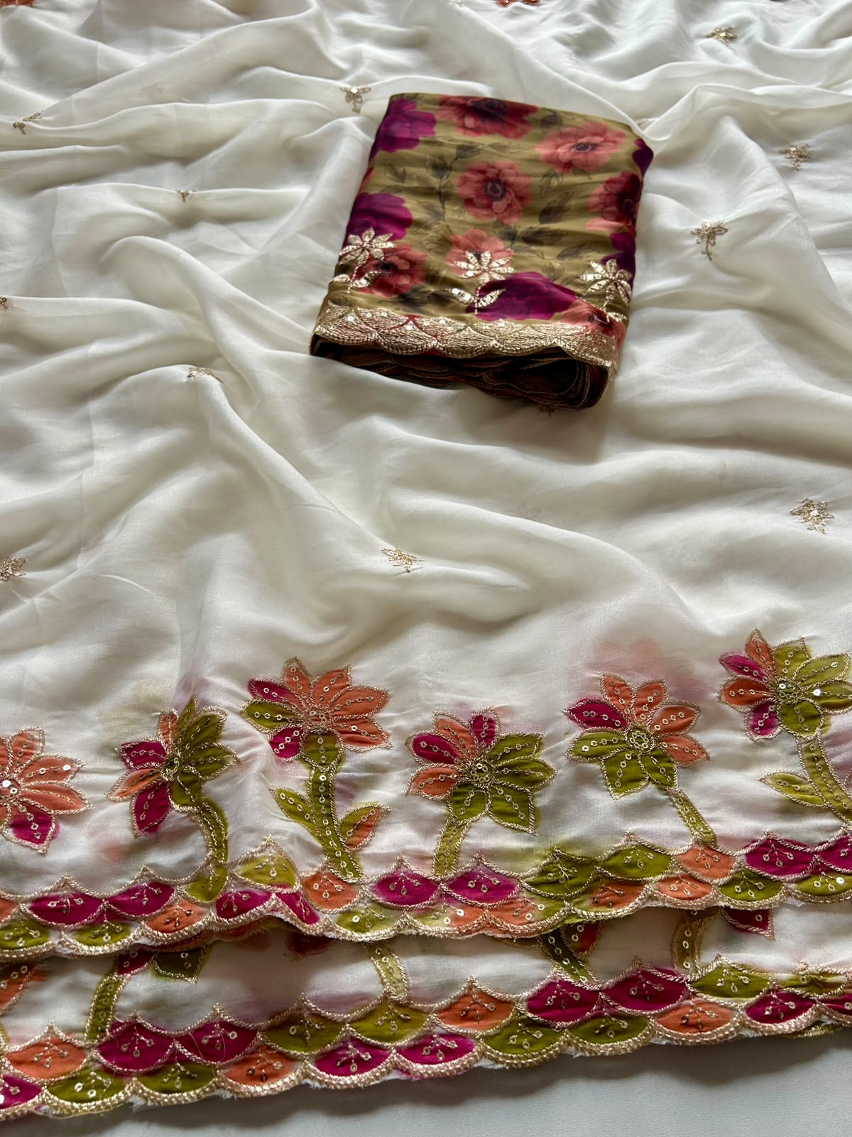 Blossom Party Wear Chiffon Silk Embroidery n Flower Design Saree For Occasion