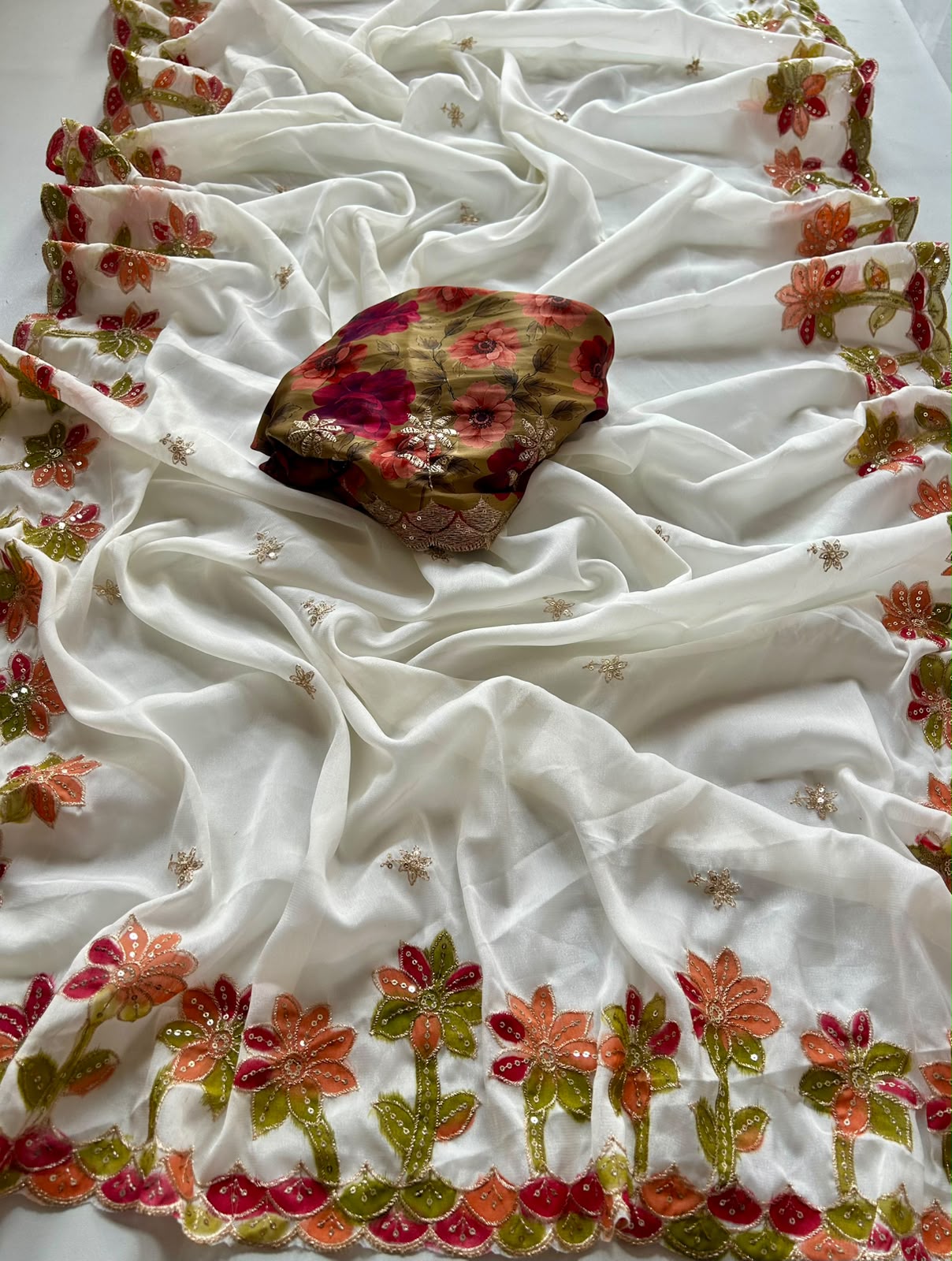 Blossom Party Wear Chiffon Silk Embroidery n Flower Design Saree For Occasion