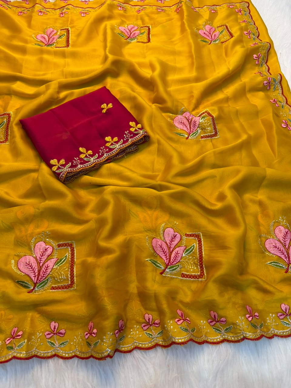 Glamorous Party Wear Soft Rangoli Silk Embriodery n Thread Work Fancy Saree With Contrast Blouse Piece