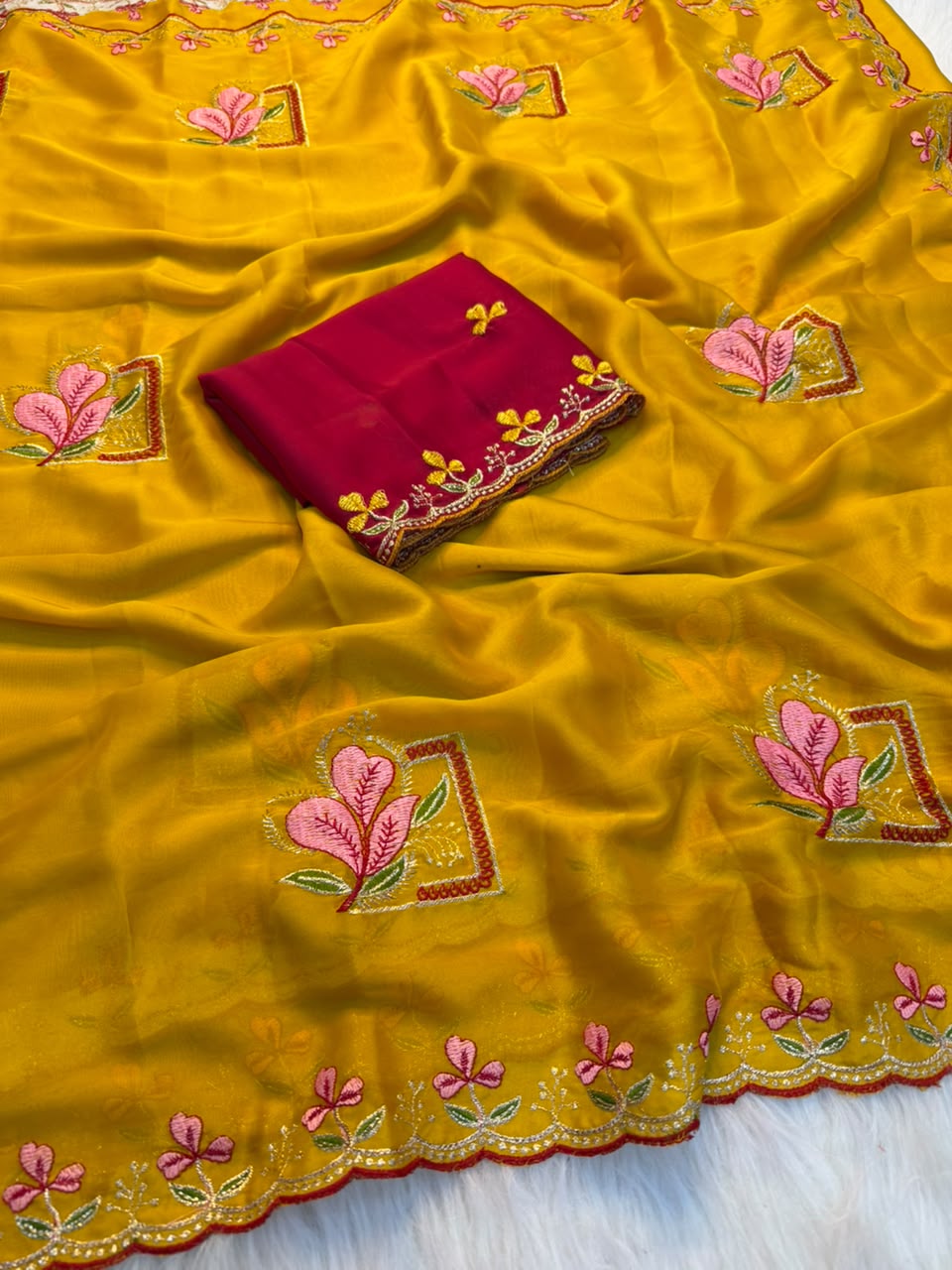 Glamorous Party Wear Soft Rangoli Silk Embriodery n Thread Work Fancy Saree With Contrast Blouse Piece