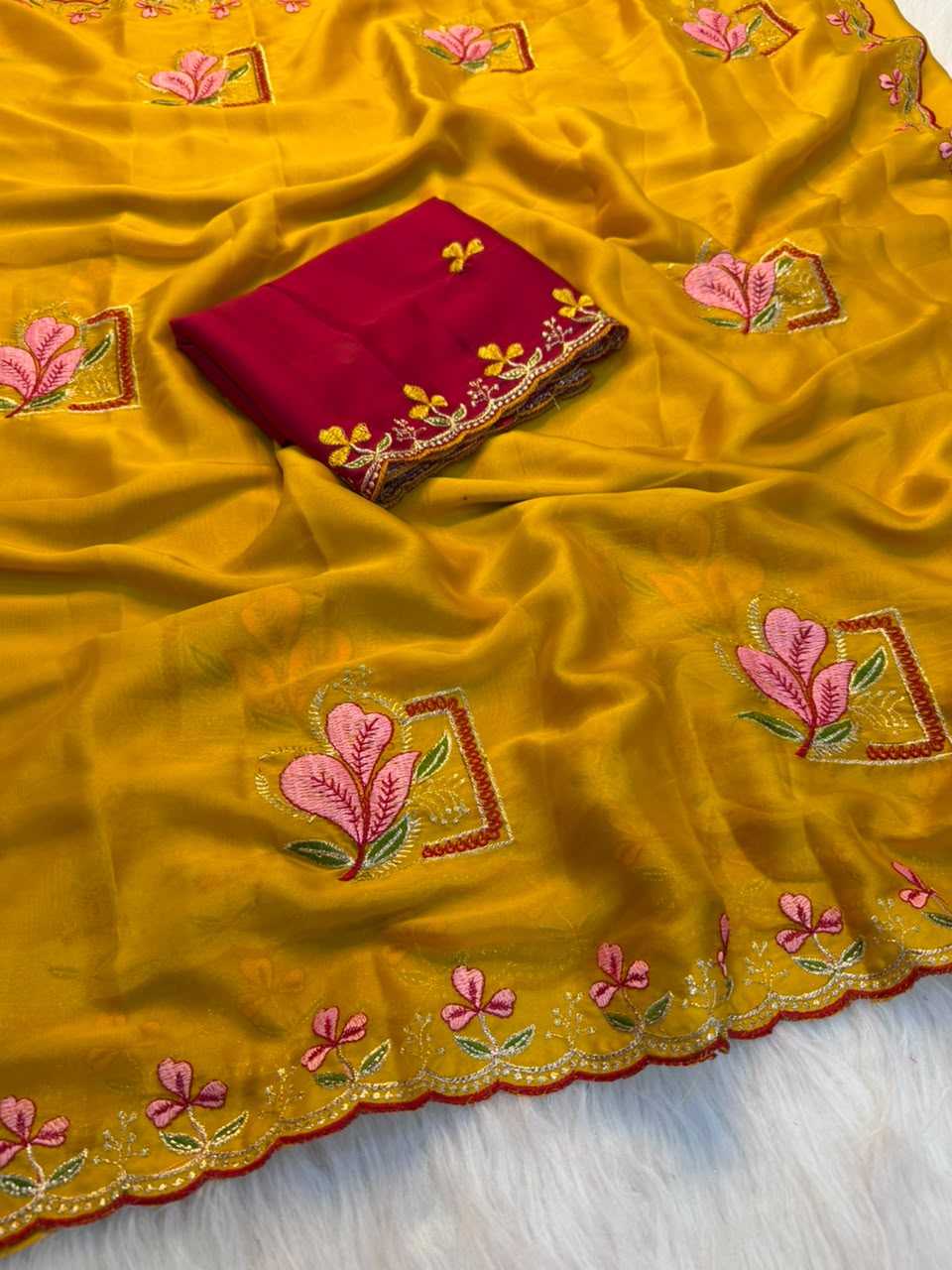 Glamorous Party Wear Soft Rangoli Silk Embriodery n Thread Work Fancy Saree With Contrast Blouse Piece