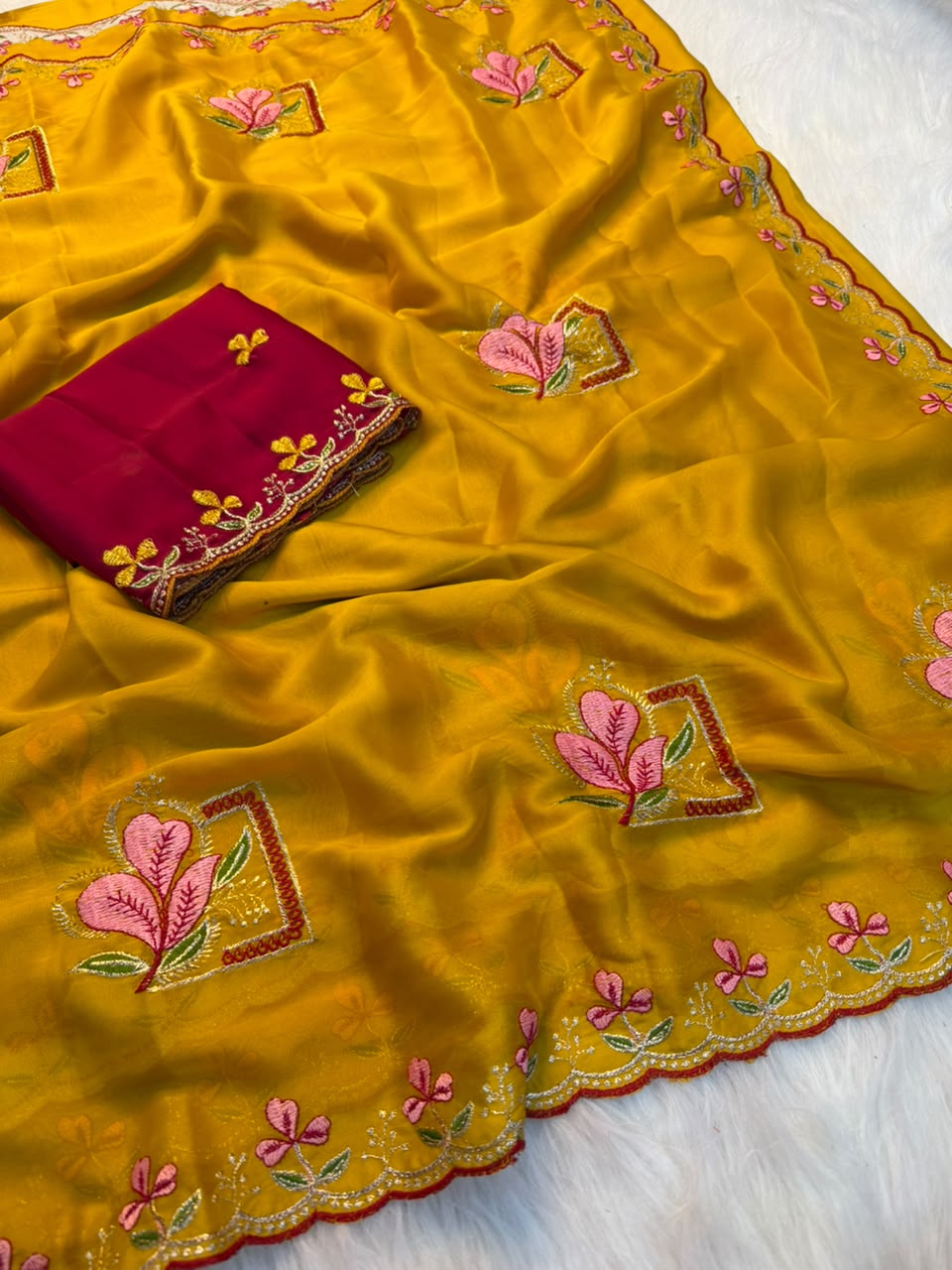 Glamorous Party Wear Soft Rangoli Silk Embriodery n Thread Work Fancy Saree With Contrast Blouse Piece