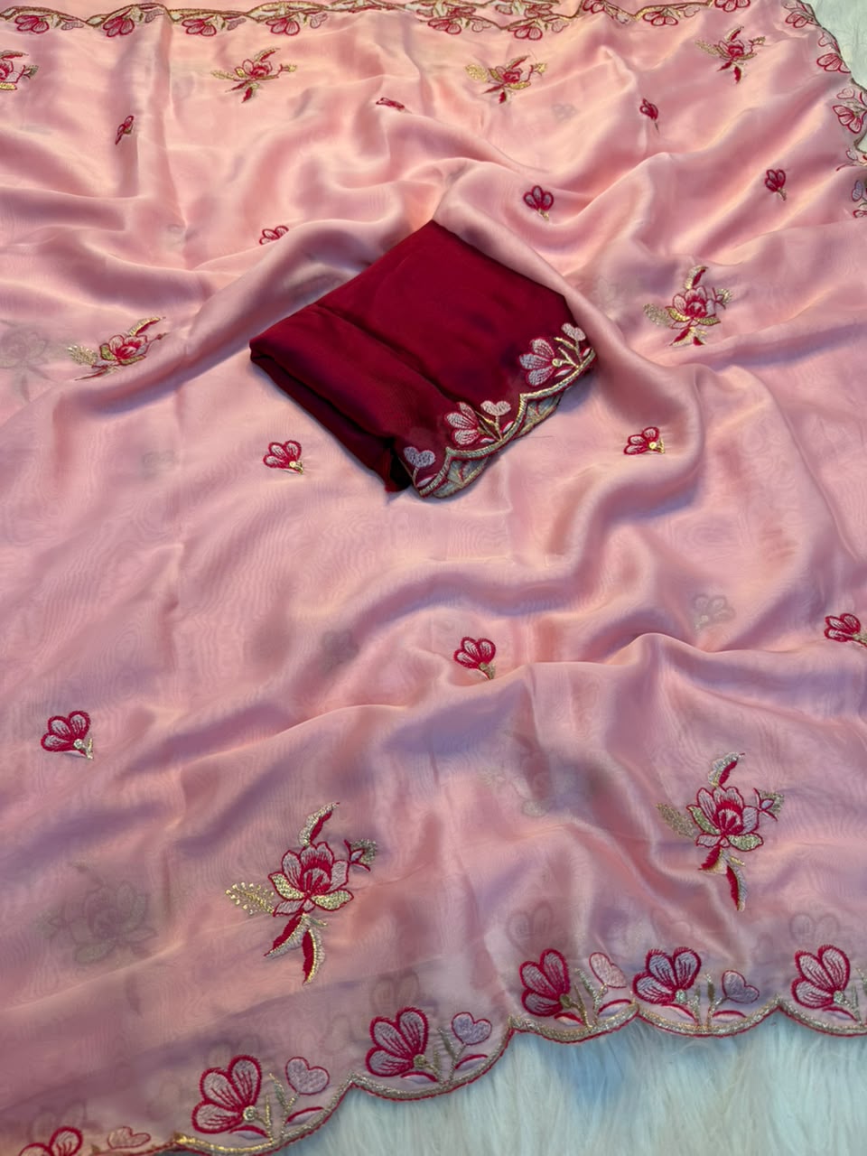 Whimsical Function Wear Soft Rangoli Silk Embriodery n Thread Work Fancy Saree With Blissfull Blouse Piece